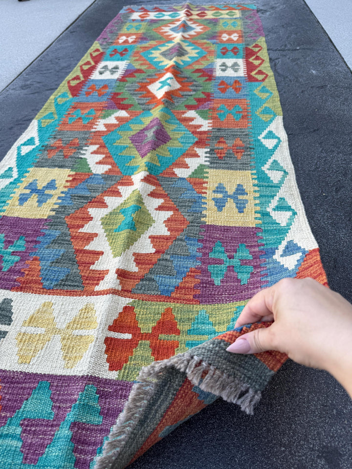 2x7 Handmade Afghan Kilim Runner Rug | Blue Teal Royal Denim Cream Eggplant Purple Moss Olive Forest Green Yellow Saffron Burnt Orange Red