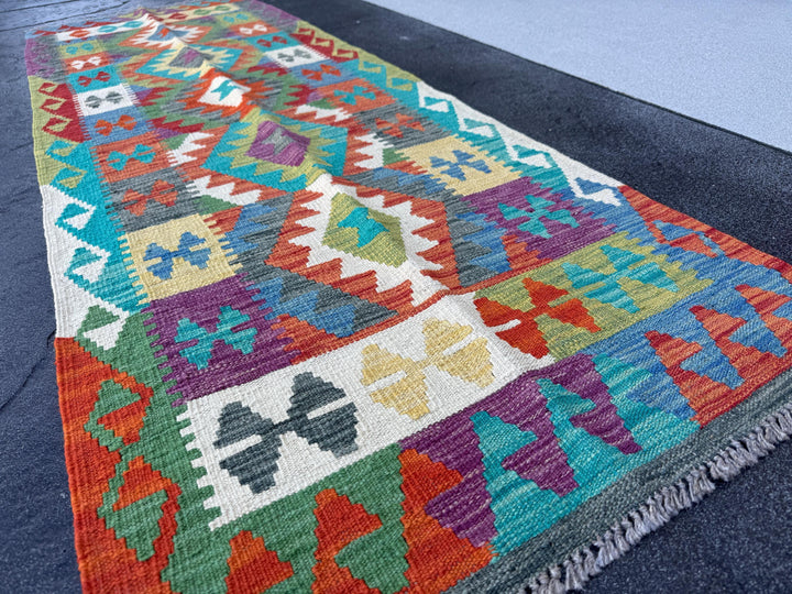 2x7 Handmade Afghan Kilim Runner Rug | Blue Teal Royal Denim Cream Eggplant Purple Moss Olive Forest Green Yellow Saffron Burnt Orange Red