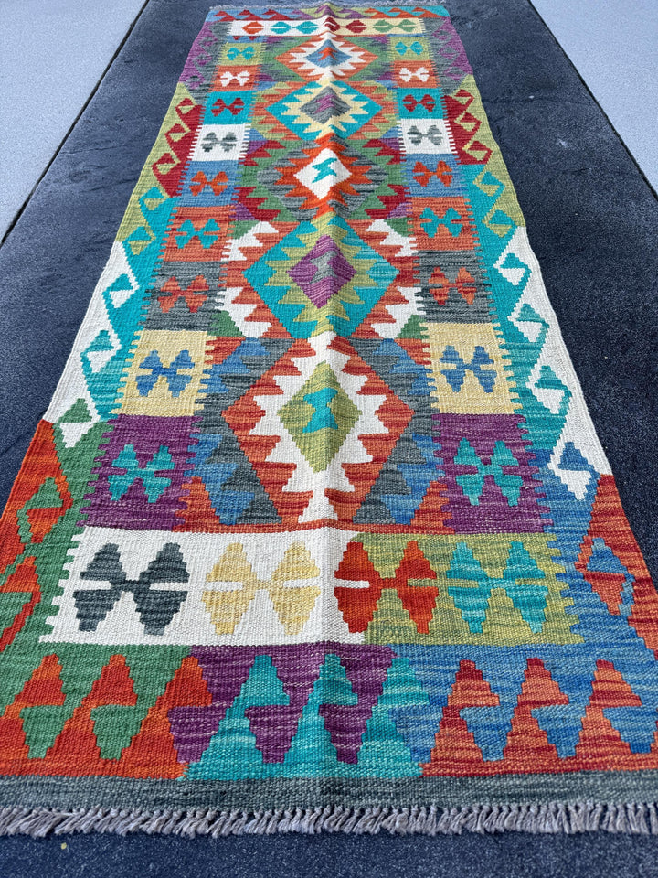 2x7 Handmade Afghan Kilim Runner Rug | Blue Teal Royal Denim Cream Eggplant Purple Moss Olive Forest Green Yellow Saffron Burnt Orange Red
