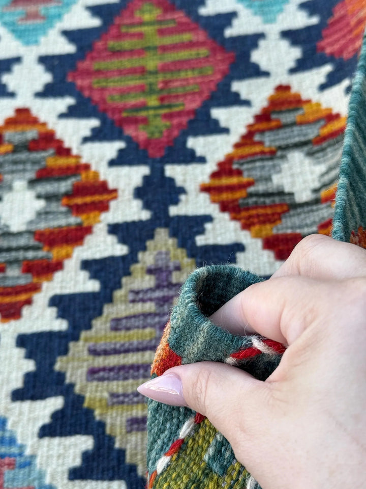 3x6-7 Handmade Afghan Kilim Runner Rug | Cream Burnt Orange Teal Turquoise Aqua Denim Midnight Navy Blue Black Grey Moss Green Purple Red