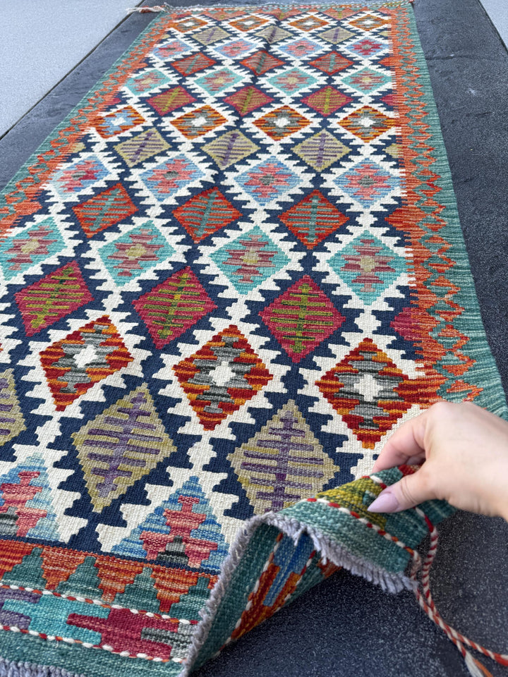 3x6-7 Handmade Afghan Kilim Runner Rug | Cream Burnt Orange Teal Turquoise Aqua Denim Midnight Navy Blue Black Grey Moss Green Purple Red
