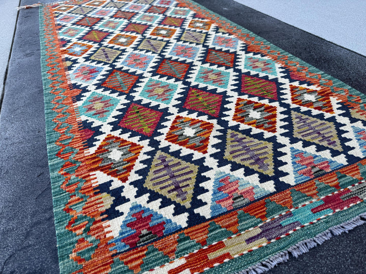 3x6-7 Handmade Afghan Kilim Runner Rug | Cream Burnt Orange Teal Turquoise Aqua Denim Midnight Navy Blue Black Grey Moss Green Purple Red