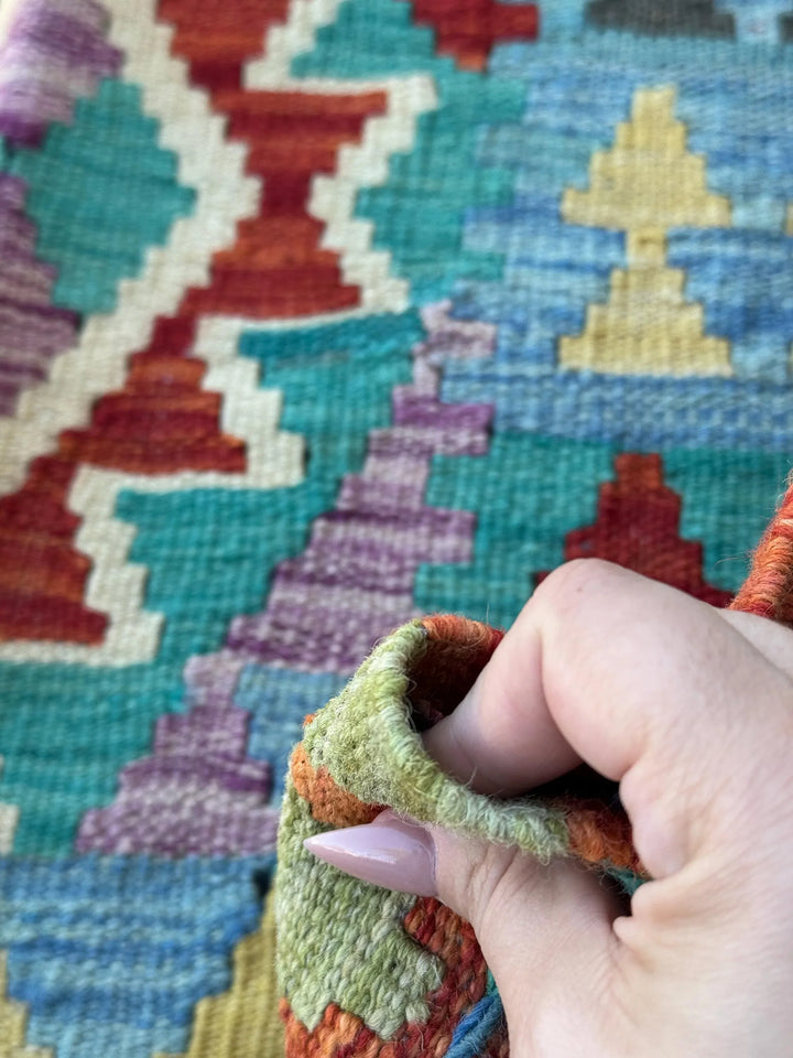 2-3x7 Handmade Afghan Kilim Runner Rug | Orange Yellow Lavender Purple Grey Denim Prussian Aqua Blue Turquoise Teal Scarlet Blood Red | Wool