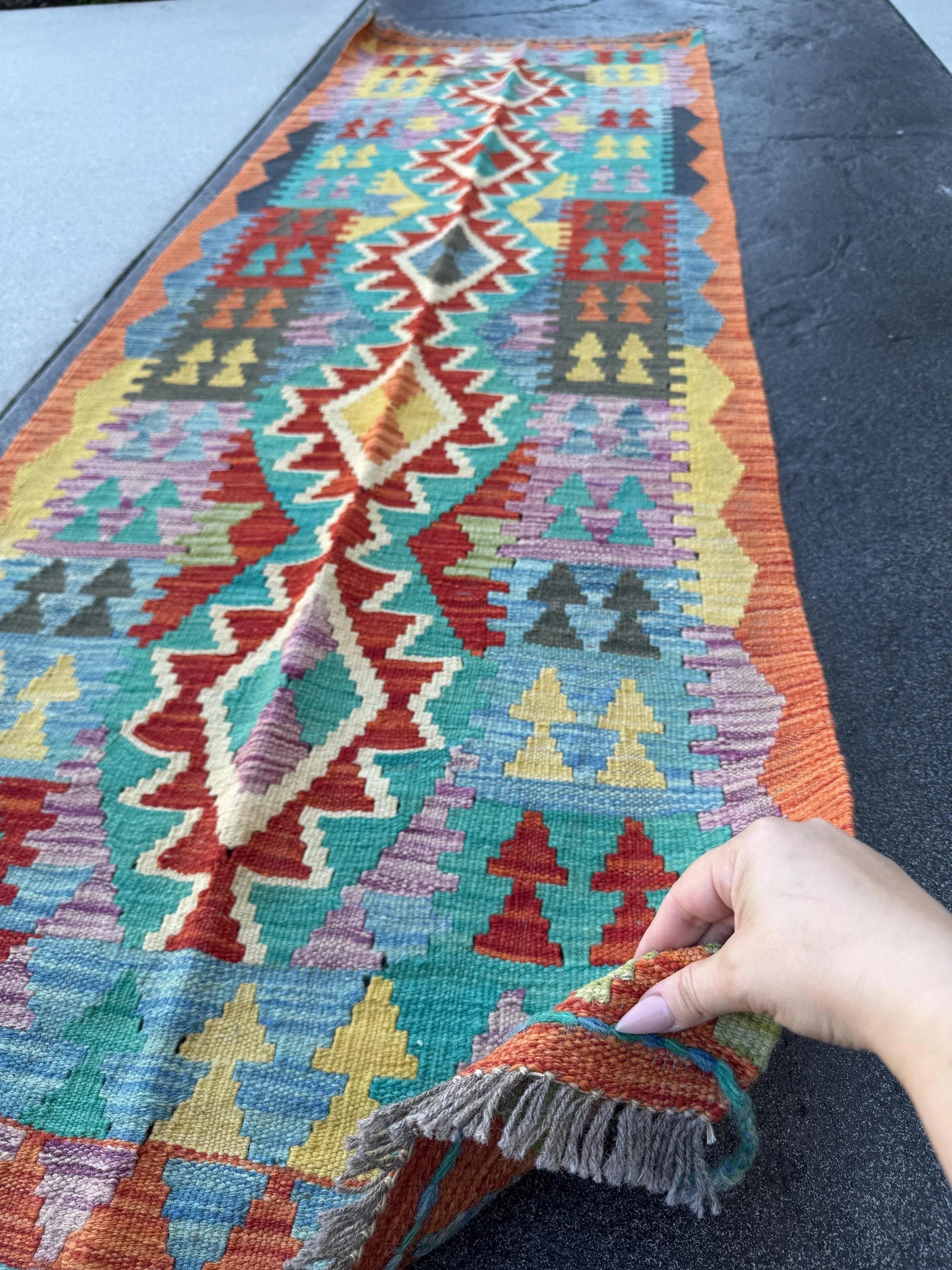 2-3x7 Handmade Afghan Kilim Runner Rug | Orange Yellow Lavender Purple Grey Denim Prussian Aqua Blue Turquoise Teal Scarlet Blood Red | Wool