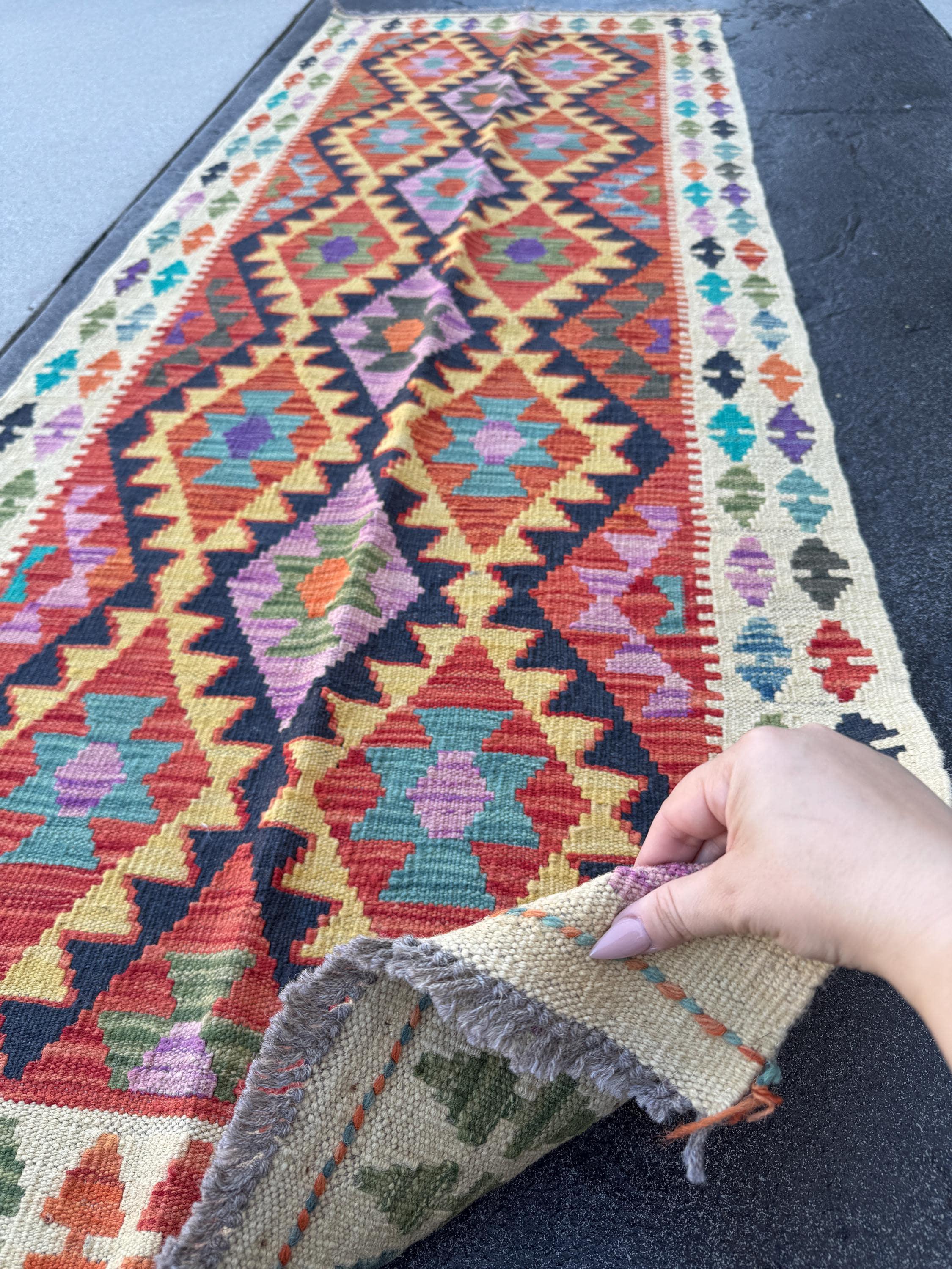 3x7 Handmade Afghan Kilim Runner Rug | Cream Rose Red Lilac Purple Forest Pine Green Denim Midnight Navy Aqua Blue Yellow Orange | Wool