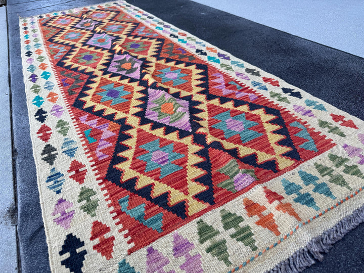 3x7 Handmade Afghan Kilim Runner Rug | Cream Rose Red Lilac Purple Forest Pine Green Denim Midnight Navy Aqua Blue Yellow Orange | Wool
