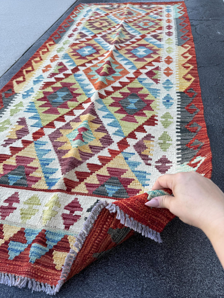 3x7 Handmade Afghan Kilim Runner Rug | Scarlet Blood Wine Red Denim Baby Powder Blue Grey Black Yellow Cream Maroon Lime Green | Wool