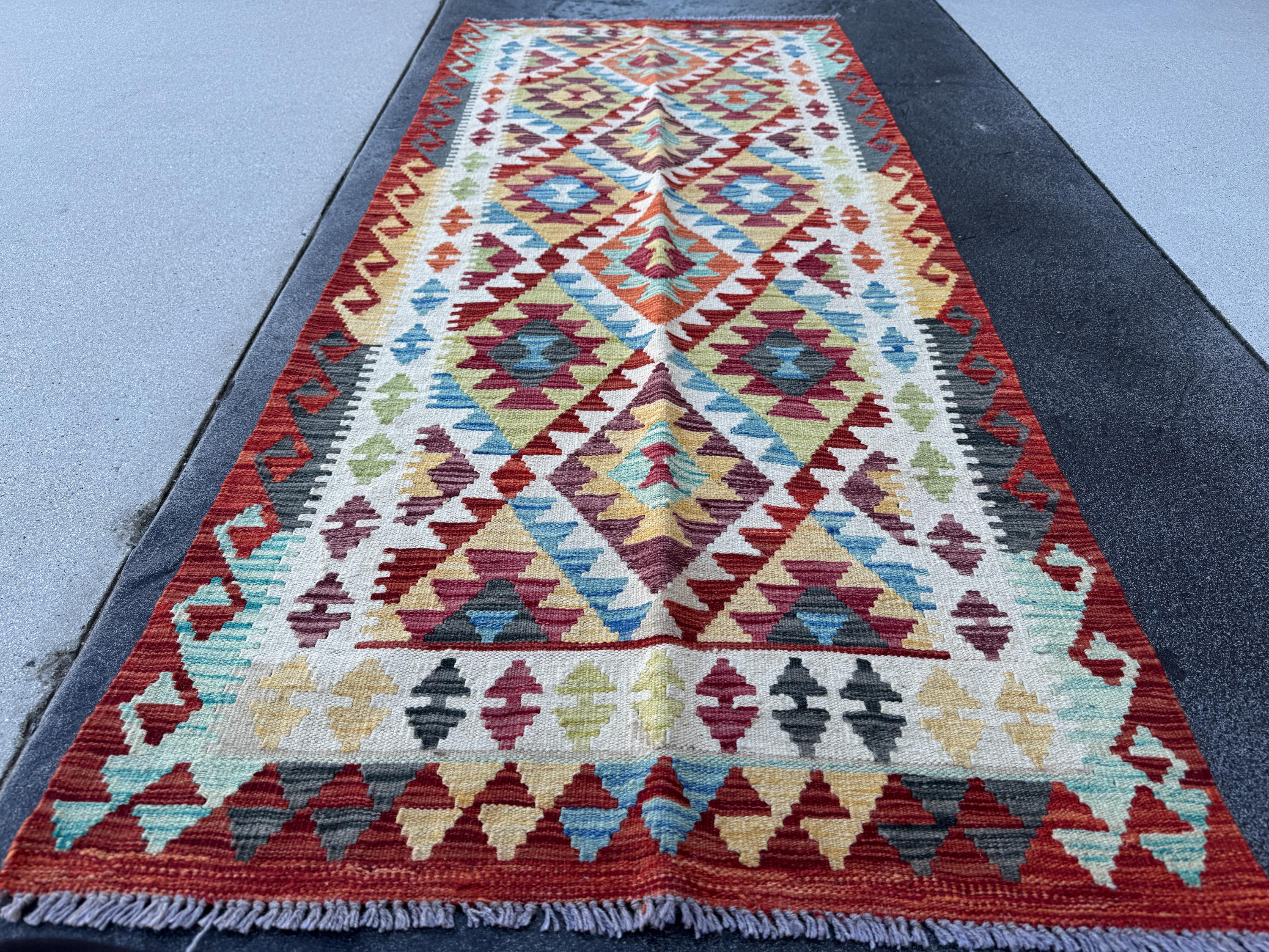 3x7 Handmade Afghan Kilim Runner Rug | Scarlet Blood Wine Red Denim Baby Powder Blue Grey Black Yellow Cream Maroon Lime Green | Wool