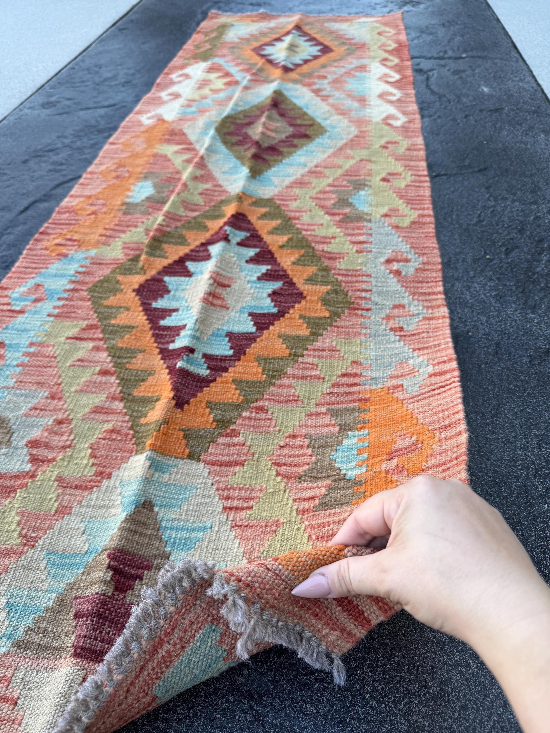 2x7 Handmade Afghan Kilim Runner Rug Brick Wine Garnet Red Maroon Burgundy Peach Orange Moss Olive Sage Green Tan Beige Taupe Cream Sky Blue