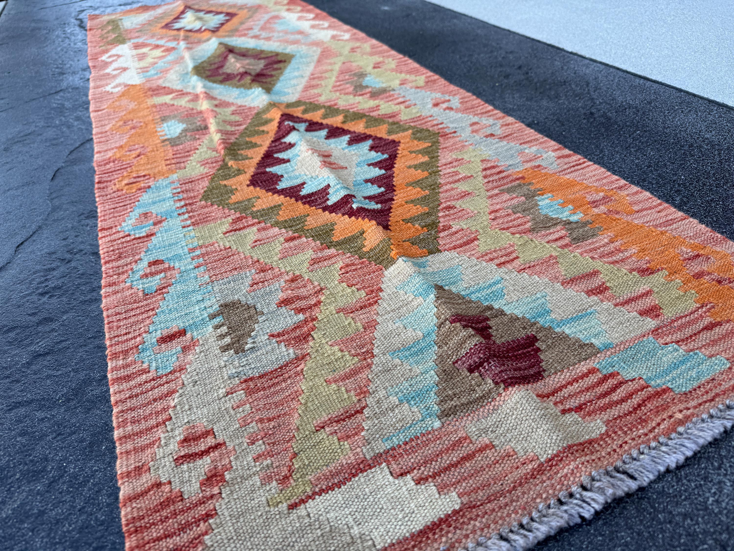 2x7 Handmade Afghan Kilim Runner Rug Brick Wine Garnet Red Maroon Burgundy Peach Orange Moss Olive Sage Green Tan Beige Taupe Cream Sky Blue