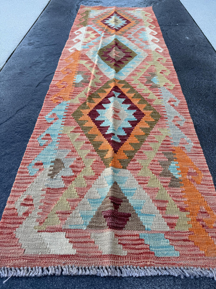 2x7 Handmade Afghan Kilim Runner Rug Brick Wine Garnet Red Maroon Burgundy Peach Orange Moss Olive Sage Green Tan Beige Taupe Cream Sky Blue