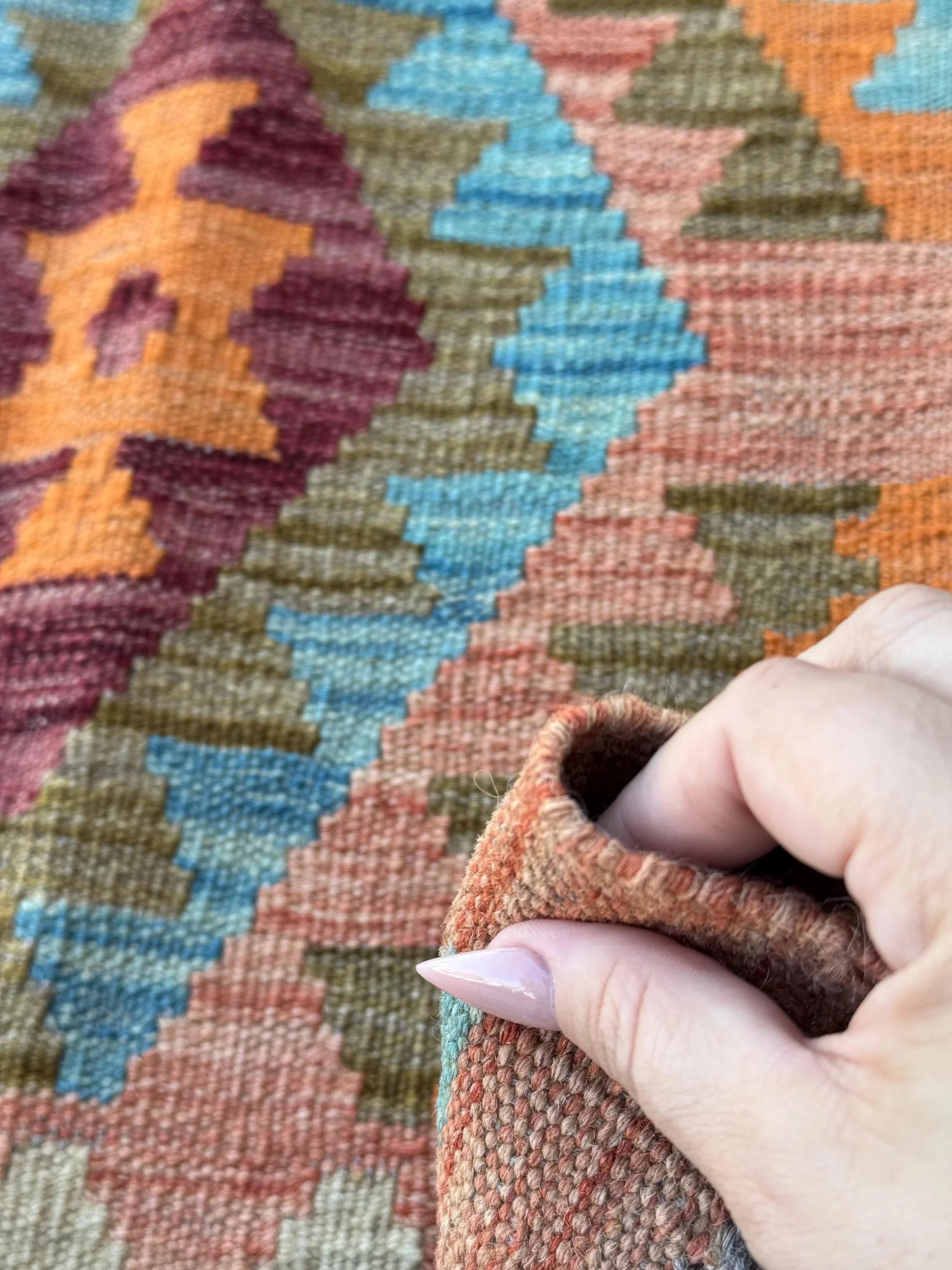 2x7 Handmade Afghan Kilim Runner Rug | Brick Garnet Wine Red Maroon Orange Sky Aqua Denim Blue Brown Moss Olive Green Cream Turquoise Taupe