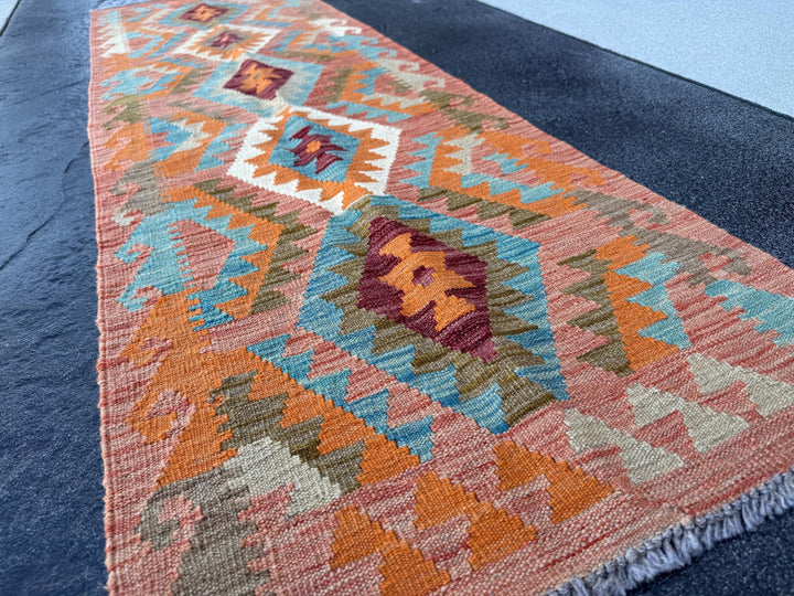 2x7 Handmade Afghan Kilim Runner Rug | Brick Garnet Wine Red Maroon Orange Sky Aqua Denim Blue Brown Moss Olive Green Cream Turquoise Taupe
