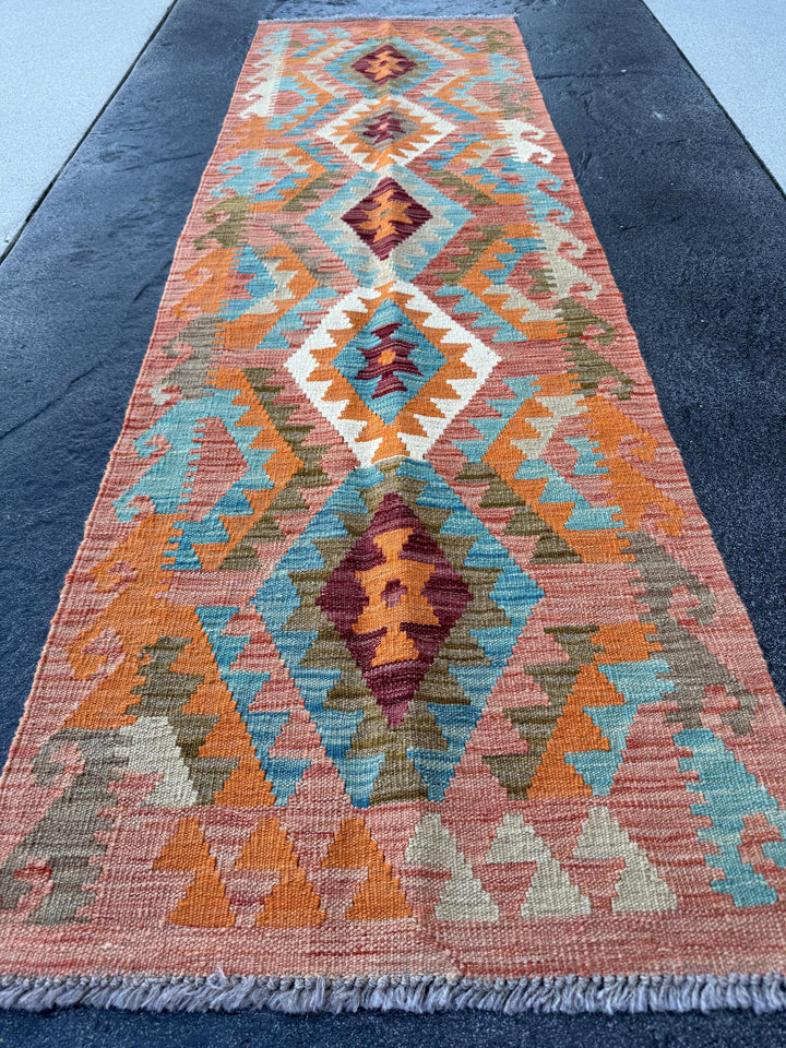 2x7 Handmade Afghan Kilim Runner Rug | Brick Garnet Wine Red Maroon Orange Sky Aqua Denim Blue Brown Moss Olive Green Cream Turquoise Taupe