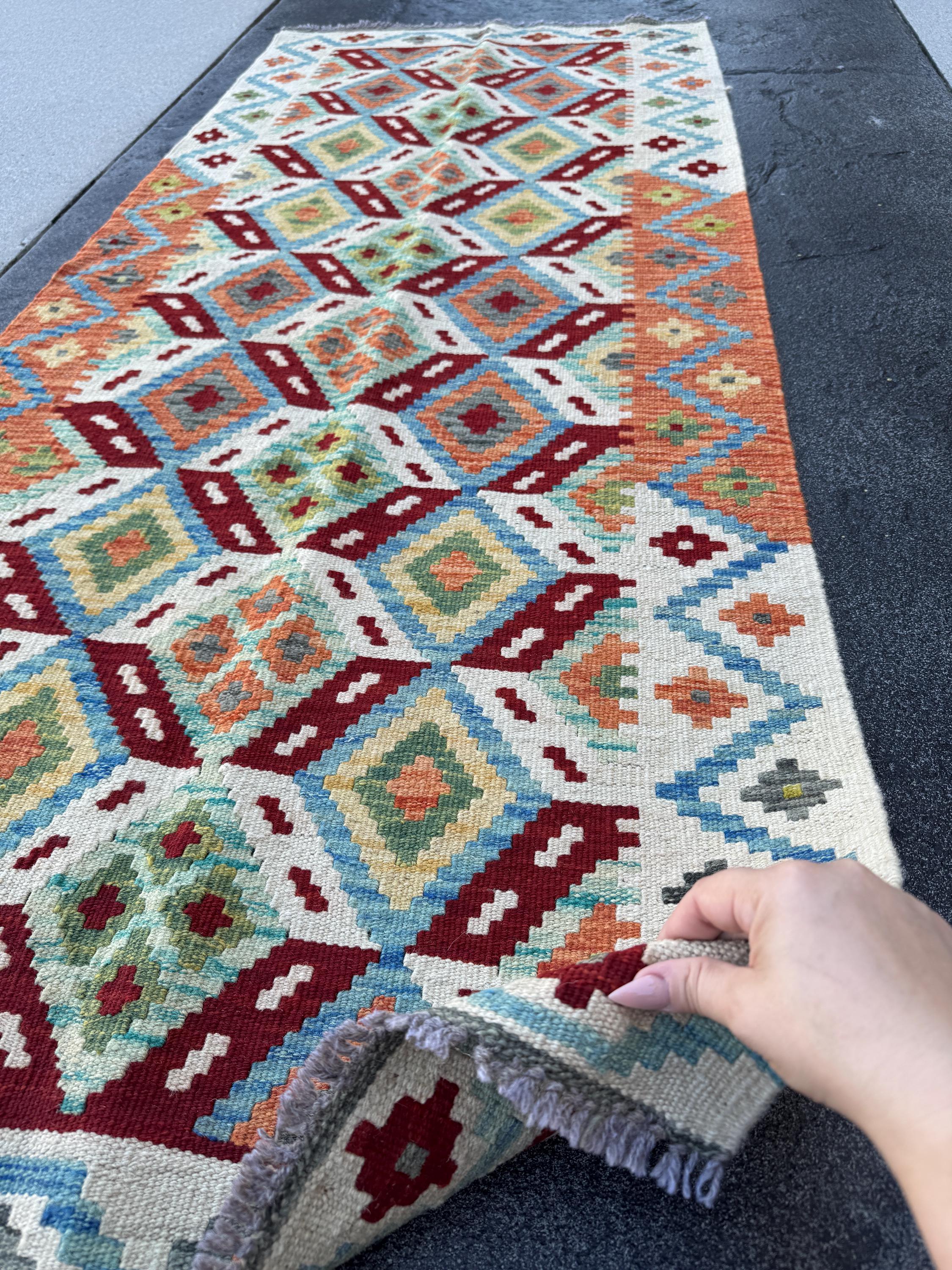 3x7 (91x213) Handmade Afghan Kilim Runner Rug | Cream Orange Denim Powder Blue Pine Lime Forest Green Blood Burgundy Red Grey Yellow | Wool