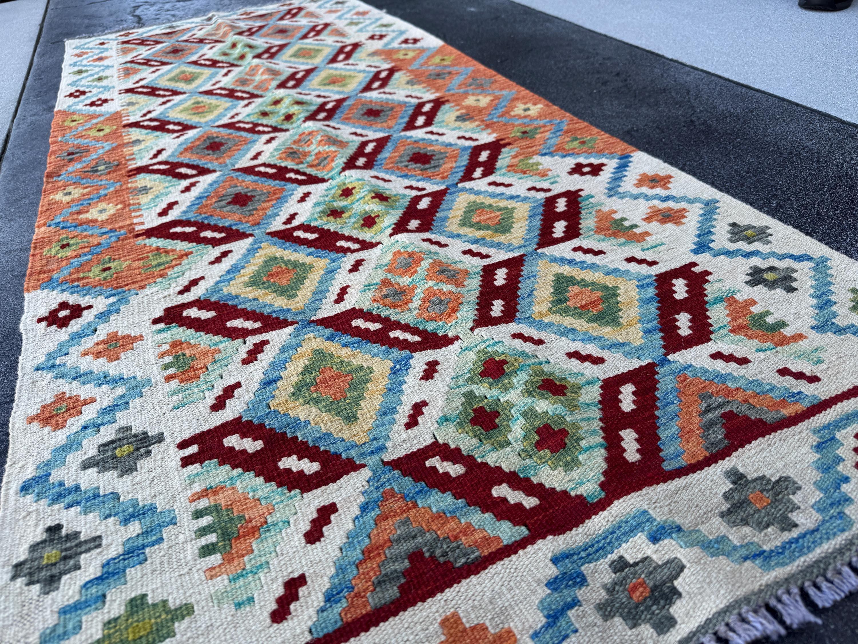 3x7 (91x213) Handmade Afghan Kilim Runner Rug | Cream Orange Denim Powder Blue Pine Lime Forest Green Blood Burgundy Red Grey Yellow | Wool