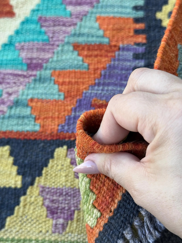 3x7 Handmade Afghan Kilim Runner Rug | Midnight Denim Aqua Blue Turquoise Violet Lavender Purple Lime Forest Green Cream Yellow Orange Red