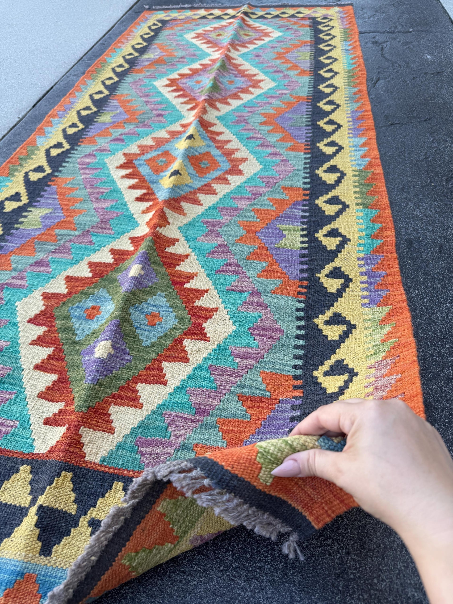 3x7 Handmade Afghan Kilim Runner Rug | Midnight Denim Aqua Blue Turquoise Violet Lavender Purple Lime Forest Green Cream Yellow Orange Red