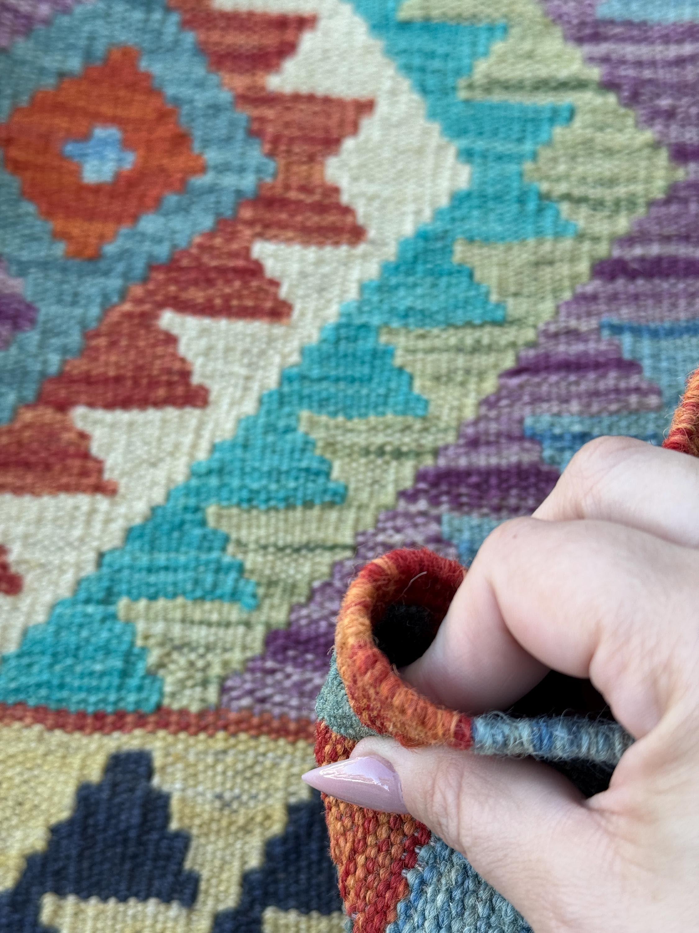 3x7 Handmade Afghan Kilim Runner Rug | Midnight Denim Aqua Blue Turquoise Lavender Purple Forest Green Cream Yellow Orange Red | Wool