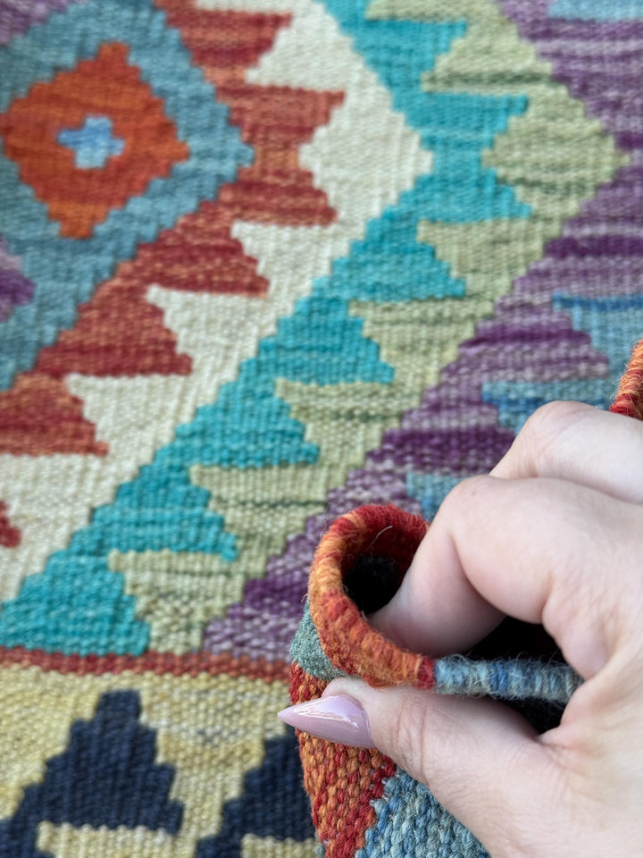 3x7 Handmade Afghan Kilim Runner Rug | Midnight Denim Aqua Blue Turquoise Lavender Purple Forest Green Cream Yellow Orange Red | Wool