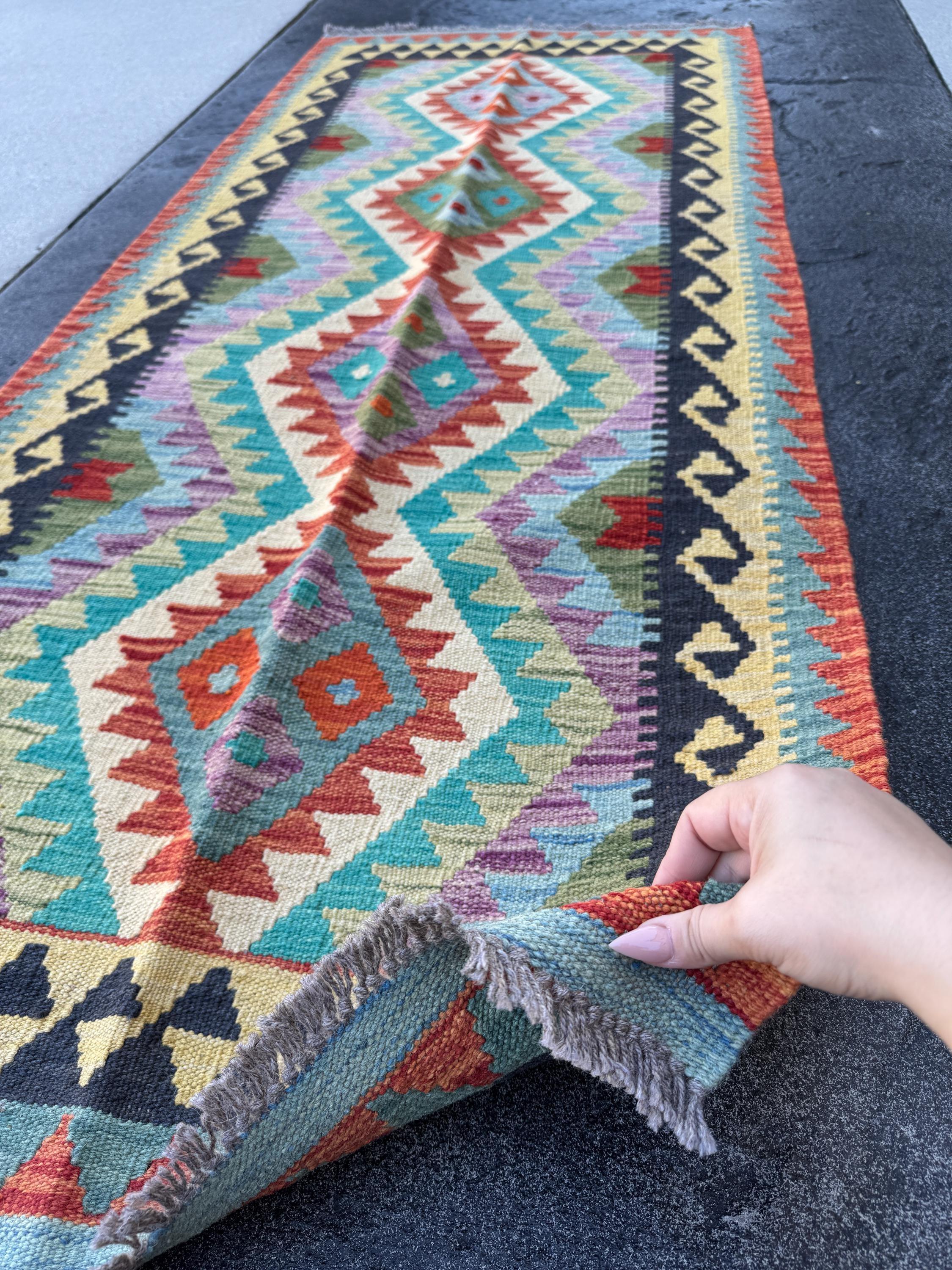 3x7 Handmade Afghan Kilim Runner Rug | Midnight Denim Aqua Blue Turquoise Lavender Purple Forest Green Cream Yellow Orange Red | Wool