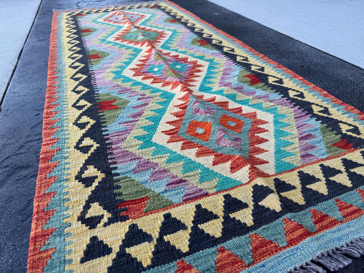 3x7 Handmade Afghan Kilim Runner Rug | Midnight Denim Aqua Blue Turquoise Lavender Purple Forest Green Cream Yellow Orange Red | Wool