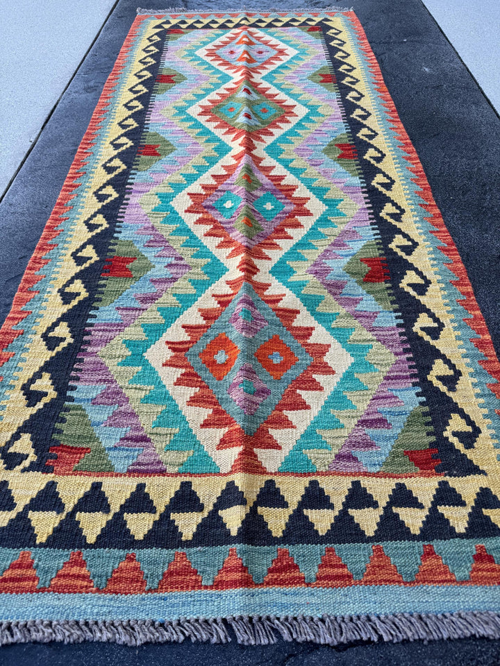 3x7 Handmade Afghan Kilim Runner Rug | Midnight Denim Aqua Blue Turquoise Lavender Purple Forest Green Cream Yellow Orange Red | Wool