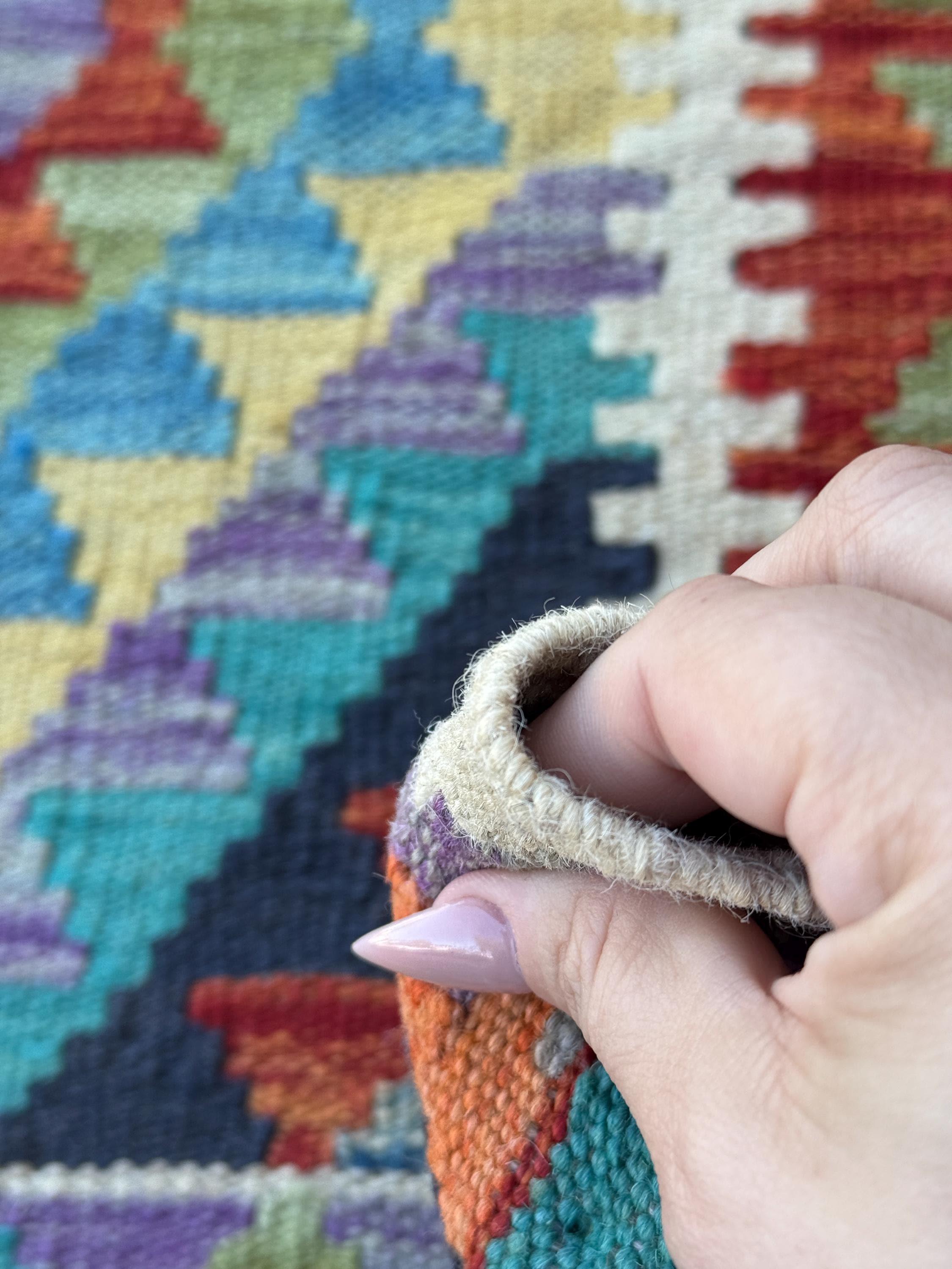 3x7 Handmade Afghan Kilim Runner Rug | Cream Denim Midnight Blue Teal Turquoise Yellow Lime Moss Green Purple Orange Burnt Red | Wool