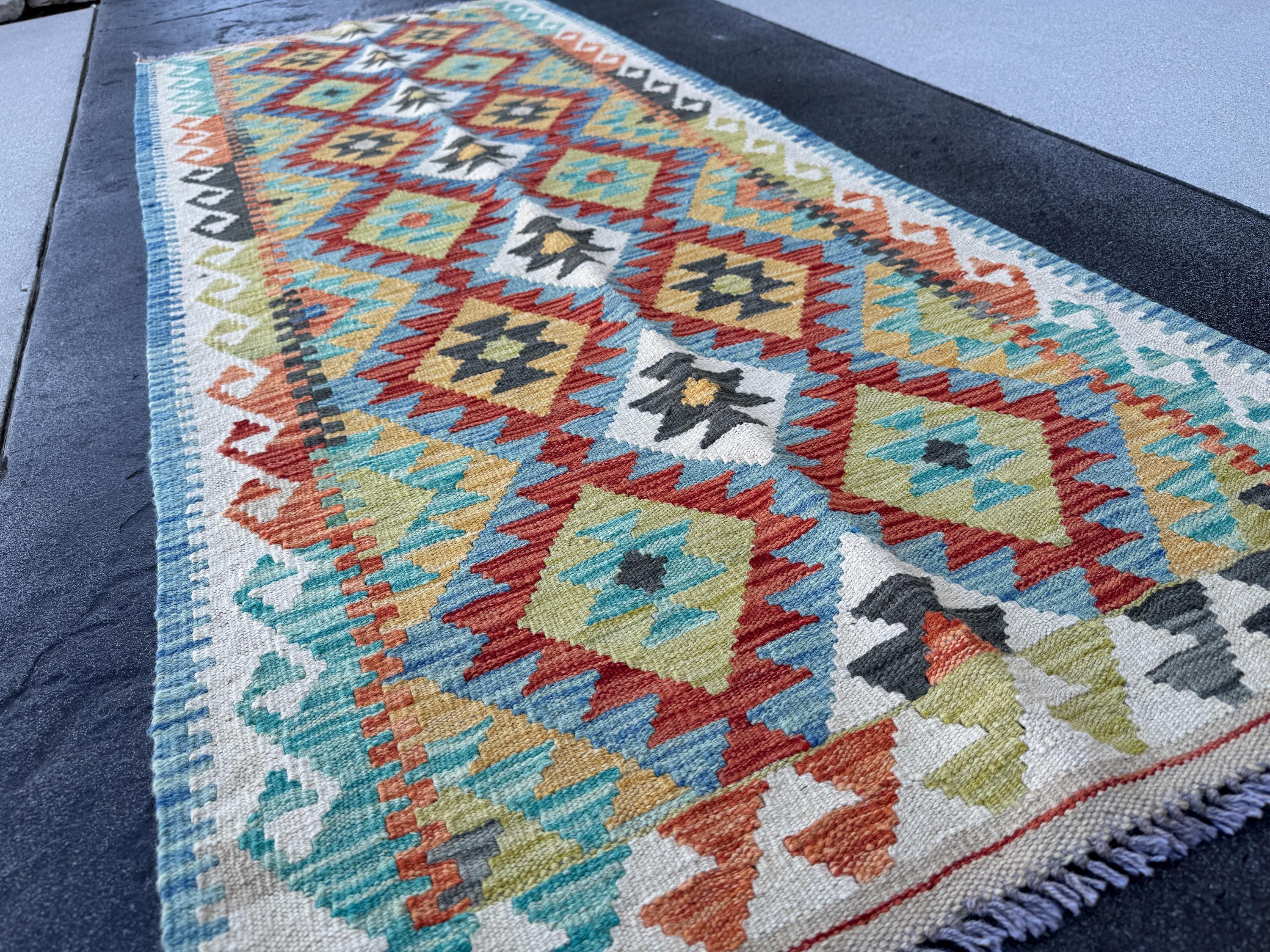 3x7 Handmade Afghan Kilim Runner Rug | Cream Denim Aqua Sky Blue Black Grey Chartreuse Olive Green Peach Burnt Orange Scarlet Red | Wool