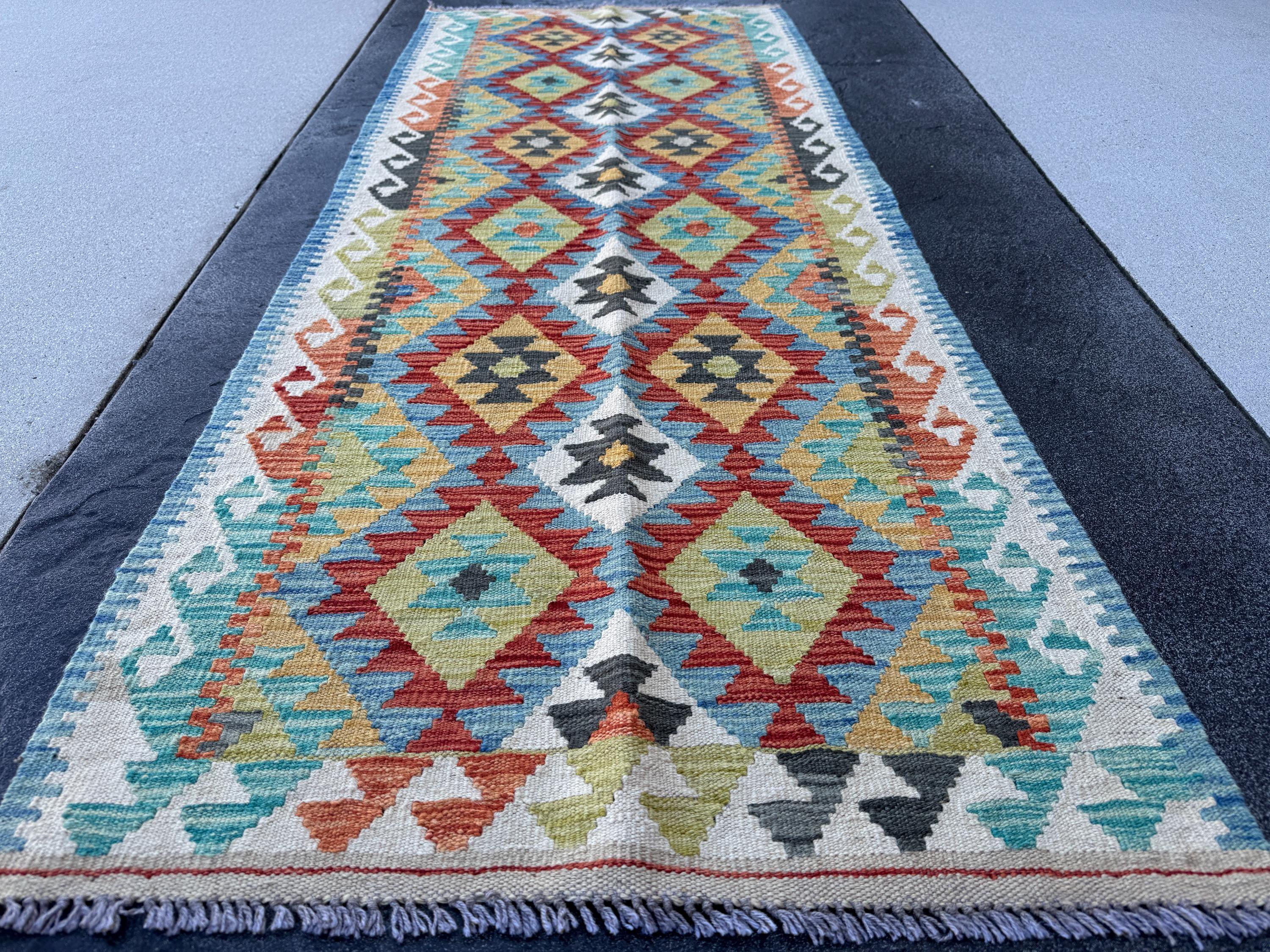 3x7 Handmade Afghan Kilim Runner Rug | Cream Denim Aqua Sky Blue Black Grey Chartreuse Olive Green Peach Burnt Orange Scarlet Red | Wool