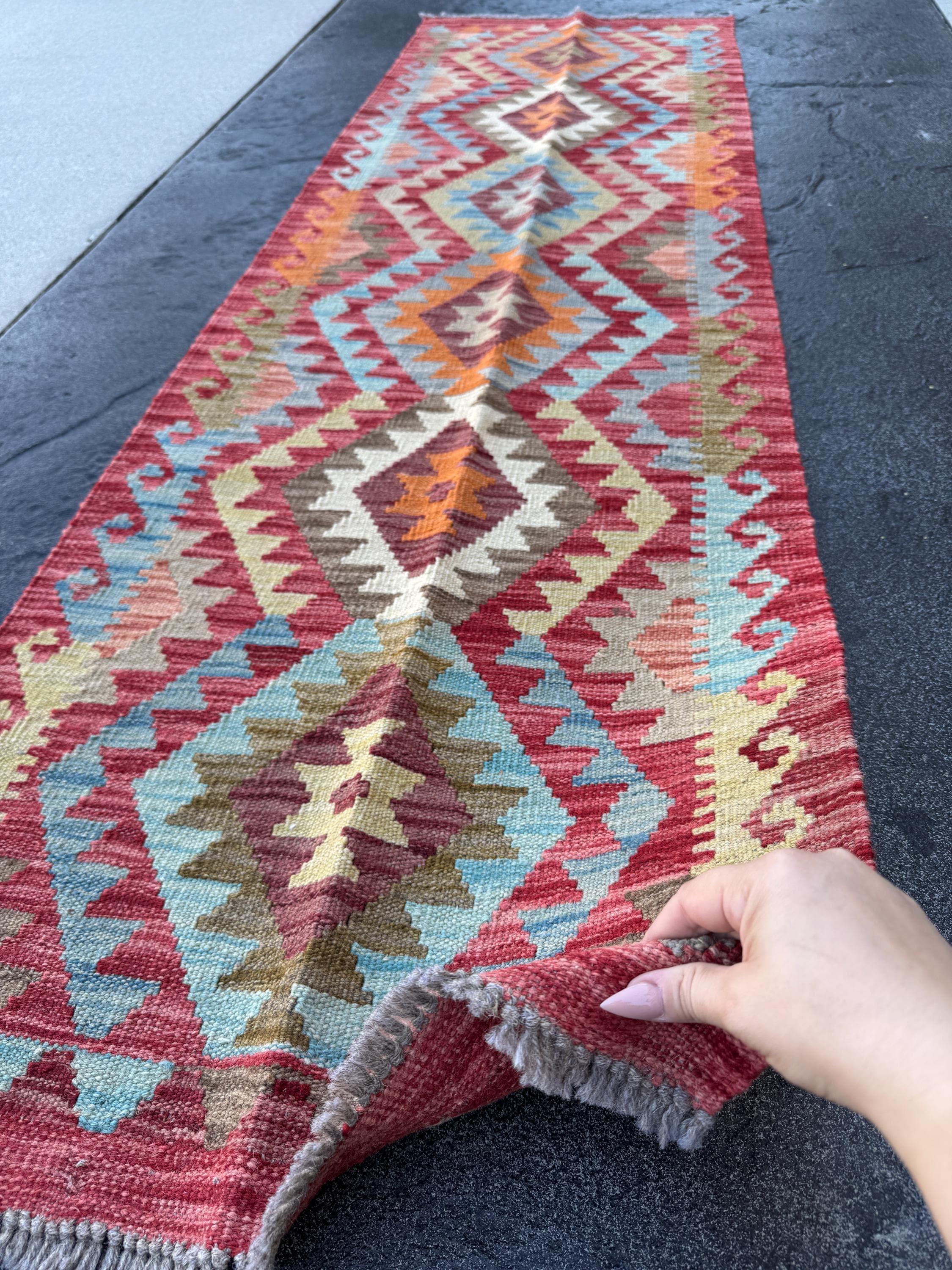 2x7 Handmade Afghan Kilim Runner Rug | Crimson Scarlet Brick Wine Red Orange Sky Baby Denim Blue Cream Beige Tan Taupe Moss Green | Wool