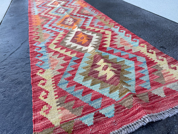 2x7 Handmade Afghan Kilim Runner Rug | Crimson Scarlet Brick Wine Red Orange Sky Baby Denim Blue Cream Beige Tan Taupe Moss Green | Wool
