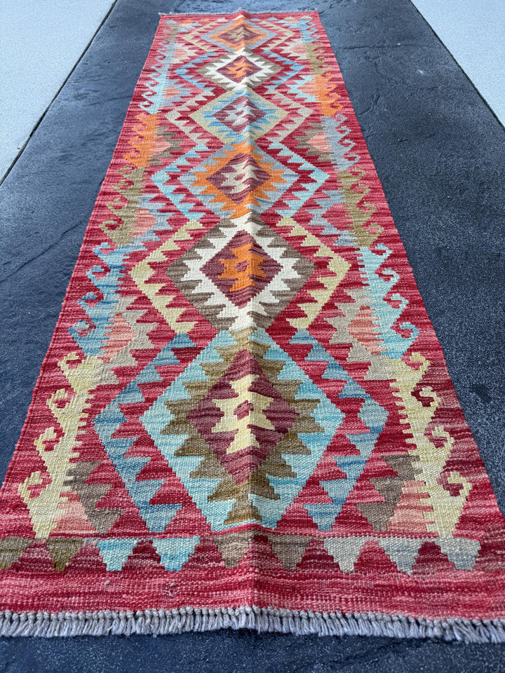 2x7 Handmade Afghan Kilim Runner Rug | Crimson Scarlet Brick Wine Red Orange Sky Baby Denim Blue Cream Beige Tan Taupe Moss Green | Wool
