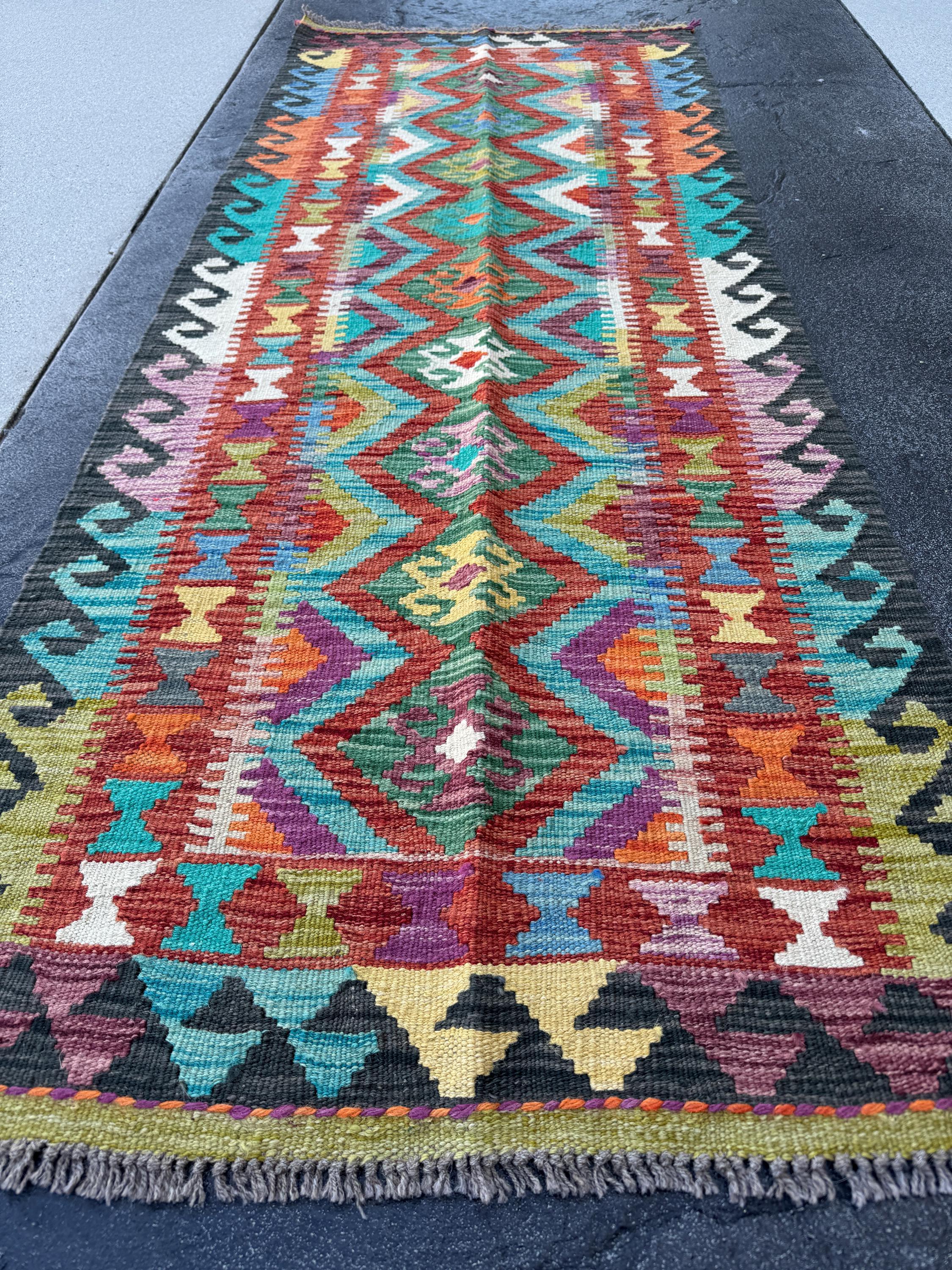 2-3x7 Handmade Afghan Kilim Runner Rug | Black Cream Olive Emerald Green Scarlet Red Yellow Plum Magenta Purple Denim Aqua Blue Orange Wool