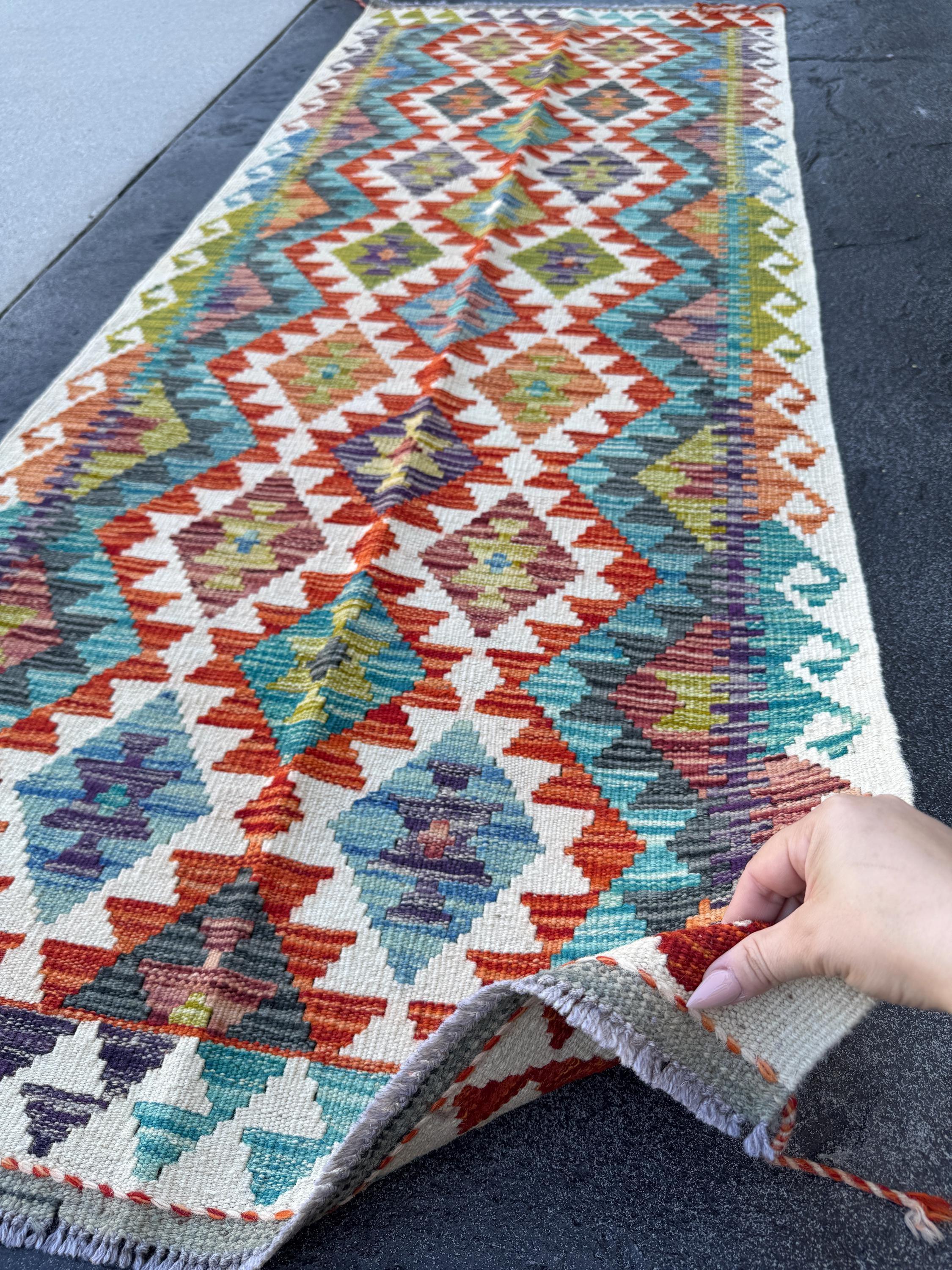 2-3x6 Handmade Afghan Kilim Runner Rug | Cream Grey Denim Baby Aqua Blue Black Burgundy Scarlet Red Orange Moss Olive Green Purple | Wool