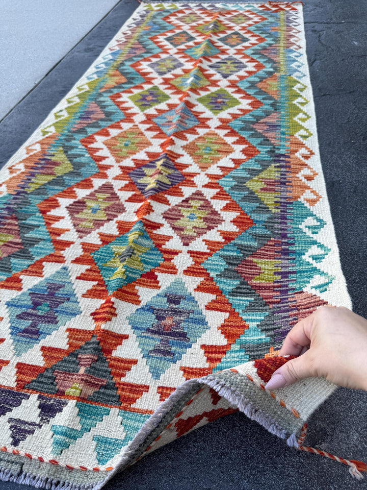 2-3x6 Handmade Afghan Kilim Runner Rug | Cream Grey Denim Baby Aqua Blue Black Burgundy Scarlet Red Orange Moss Olive Green Purple | Wool