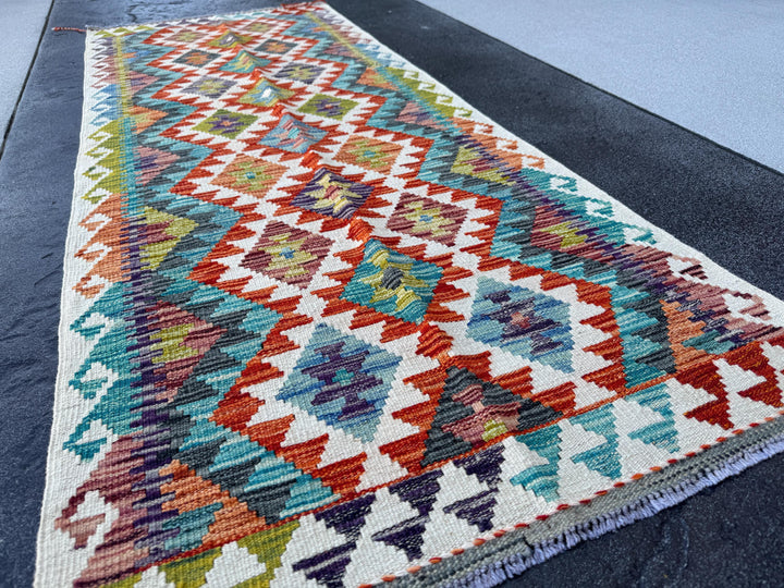 2-3x6 Handmade Afghan Kilim Runner Rug | Cream Grey Denim Baby Aqua Blue Black Burgundy Scarlet Red Orange Moss Olive Green Purple | Wool