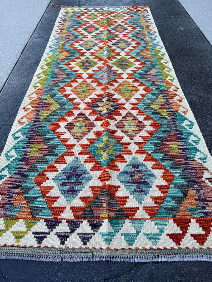 2-3x6 Handmade Afghan Kilim Runner Rug | Cream Grey Denim Baby Aqua Blue Black Burgundy Scarlet Red Orange Moss Olive Green Purple | Wool