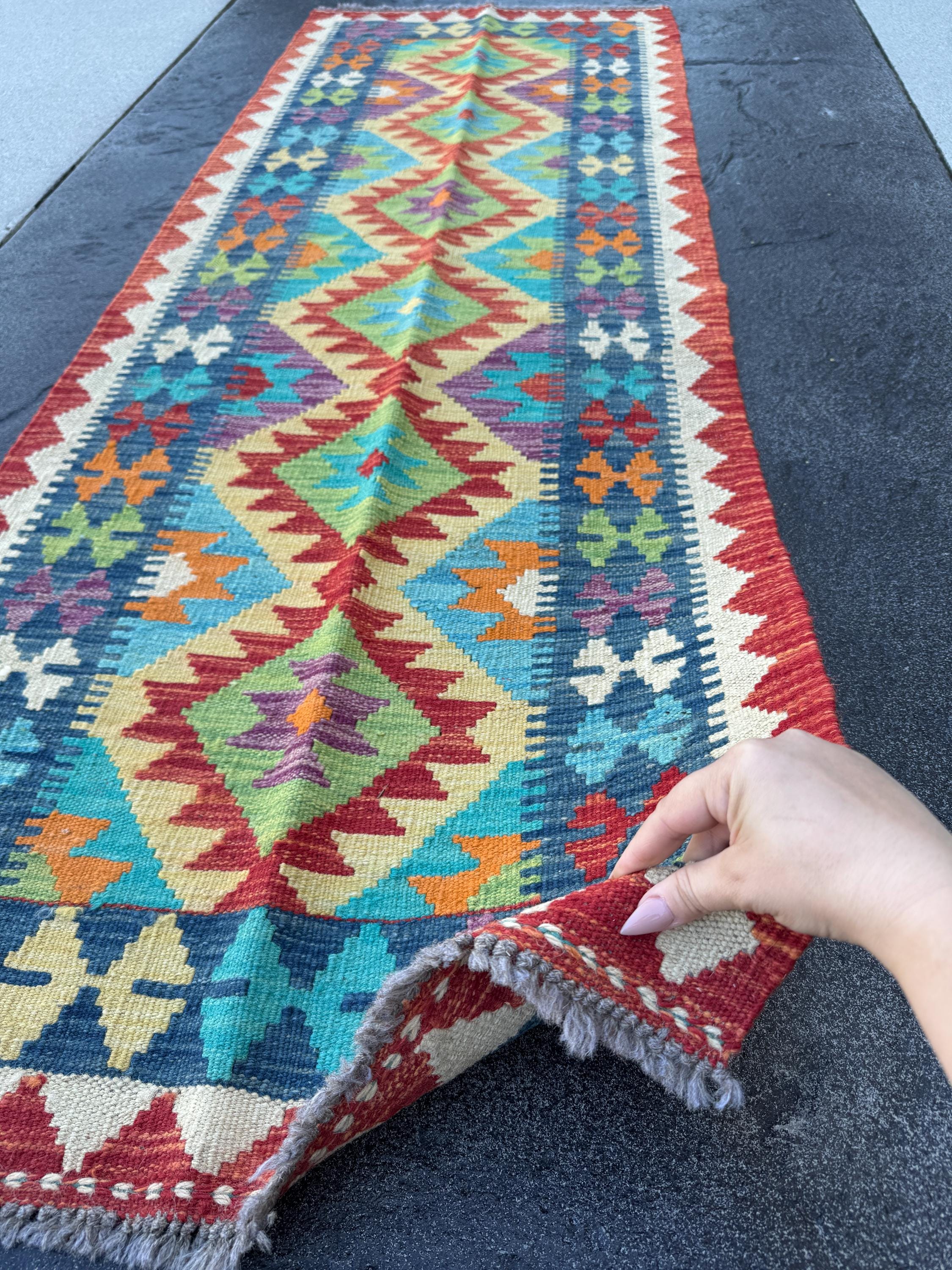 2x7 Handmade Afghan Kilim Runner Rug | Cream Beige Orange Brick Blood Red Grey Denim Blue Olive Moss Green Teal | Wool Turkish