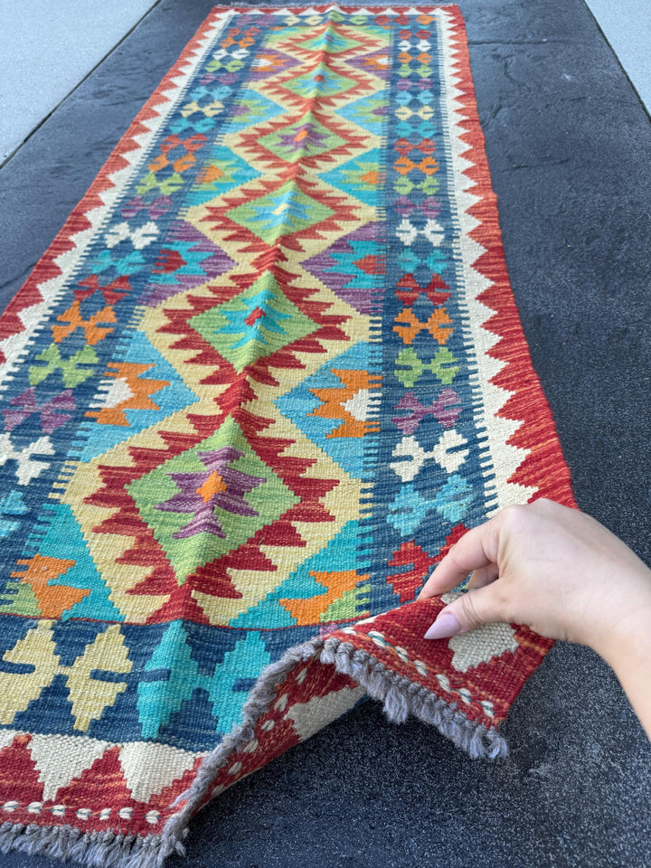 2x7 Handmade Afghan Kilim Runner Rug | Cream Beige Orange Brick Blood Red Grey Denim Blue Olive Moss Green Teal | Wool Turkish