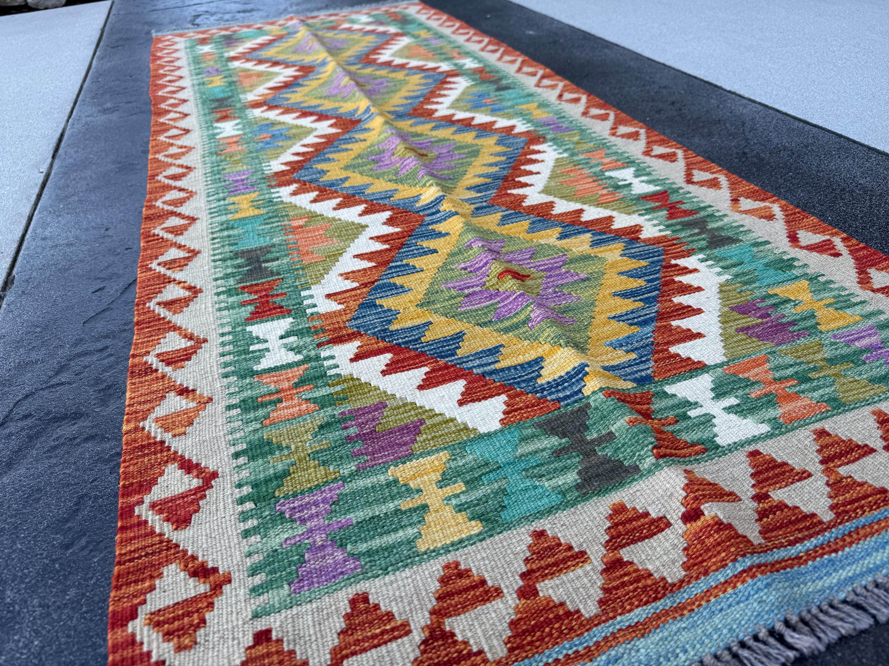 3x7 (100x200) Handmade Afghan Kilim Runner Rug | Cream Beige Orange Brick Red Blue Olive Moss Purple Green Teal Charcoal | Wool Turkish