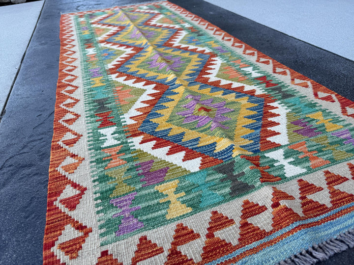 3x7 (100x200) Handmade Afghan Kilim Runner Rug | Cream Beige Orange Brick Red Blue Olive Moss Purple Green Teal Charcoal | Wool Turkish