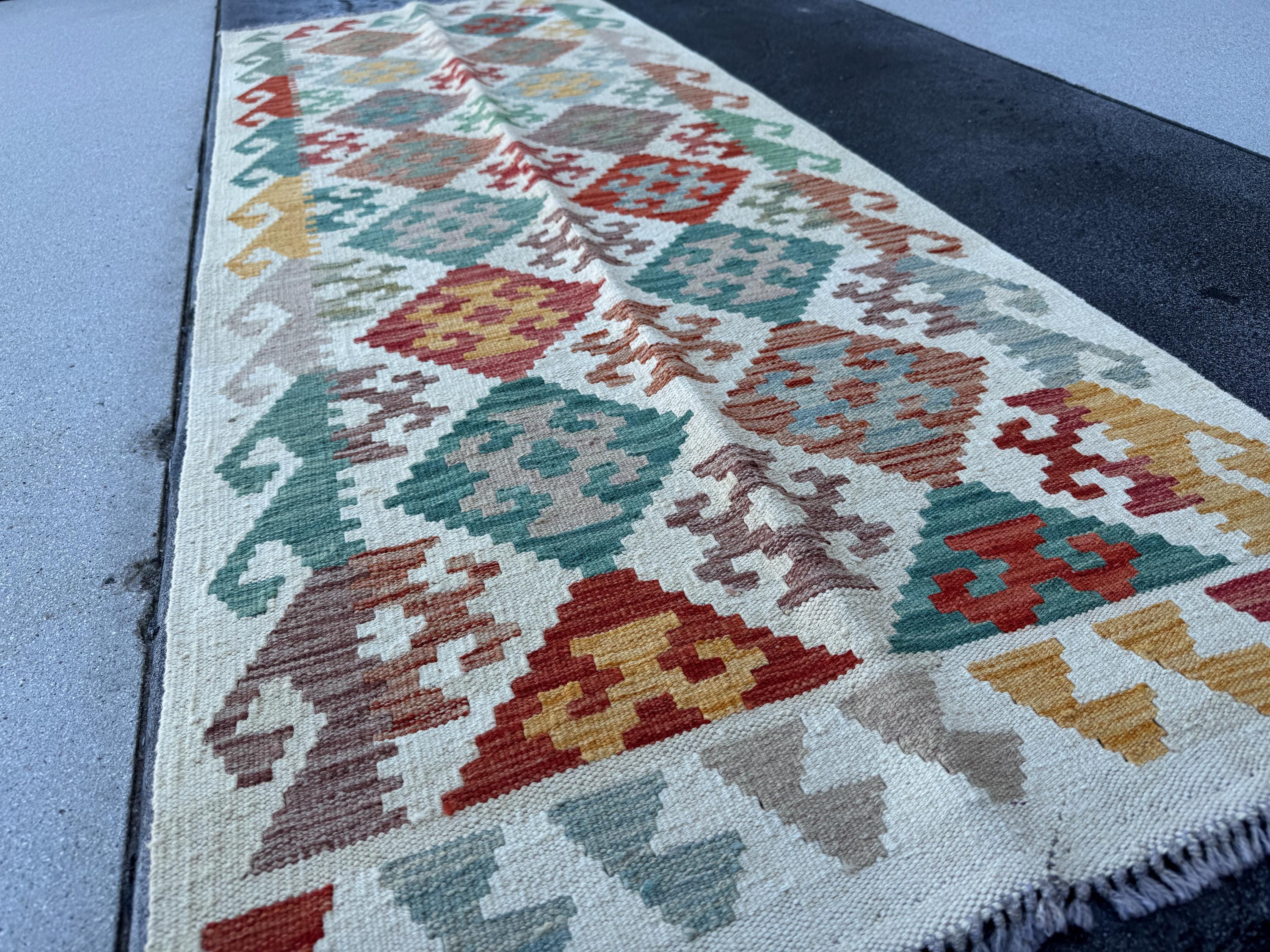 3x7 (100x200) Handmade Afghan Kilim Runner Rug | Cream Orange Brick Blood Red Chocolate Brown Denim Blue Pine Green Grey | Wool Turkish