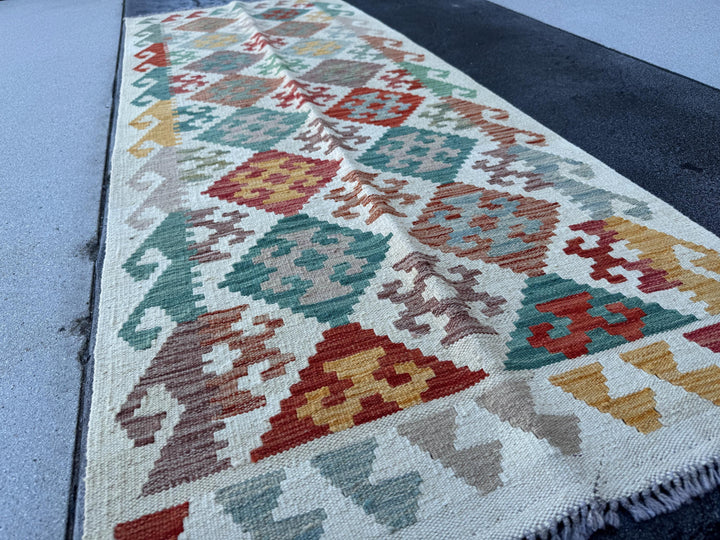 3x7 (100x200) Handmade Afghan Kilim Runner Rug | Cream Orange Brick Blood Red Chocolate Brown Denim Blue Pine Green Grey | Wool Turkish