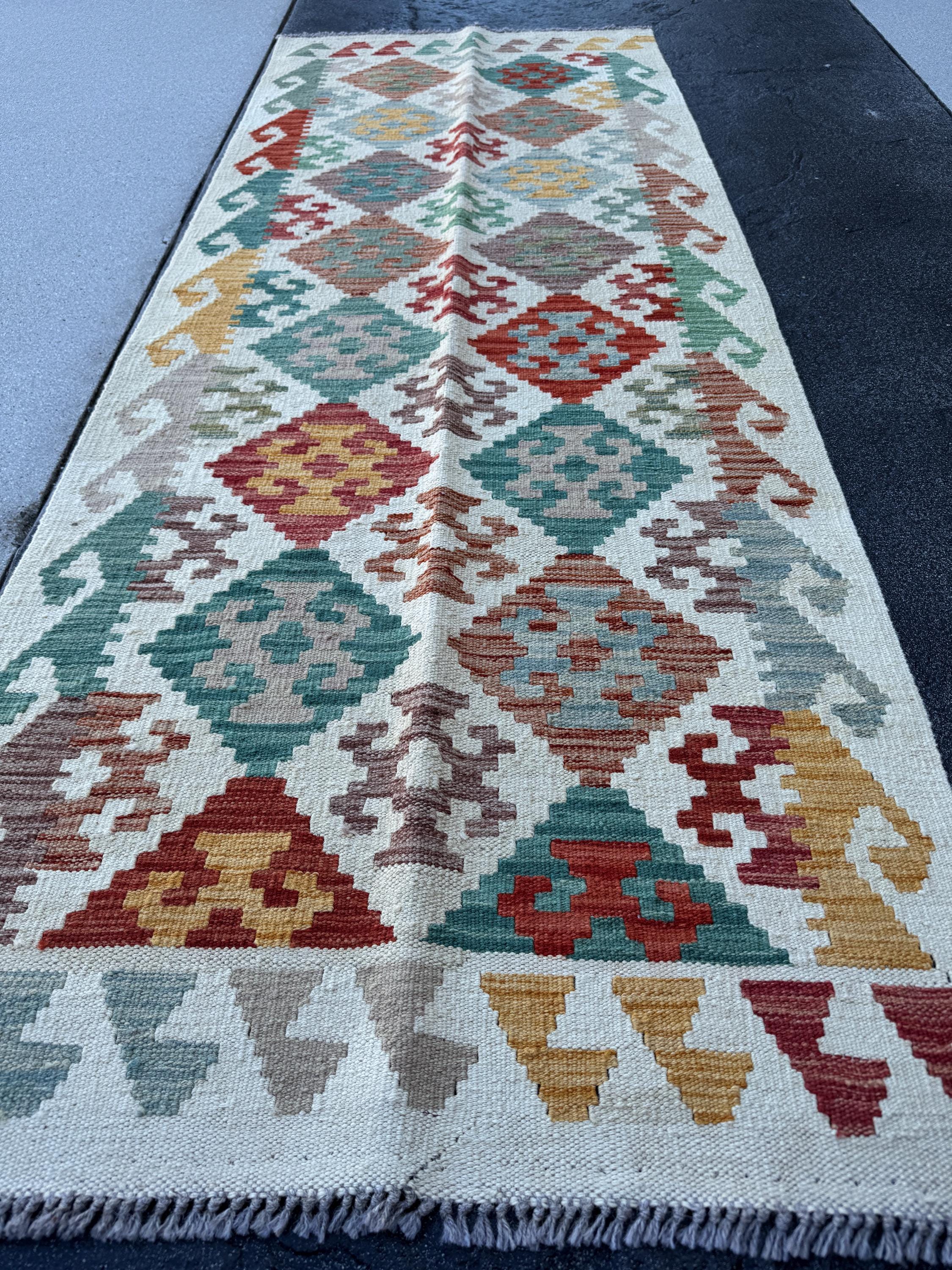 3x7 (100x200) Handmade Afghan Kilim Runner Rug | Cream Orange Brick Blood Red Chocolate Brown Denim Blue Pine Green Grey | Wool Turkish