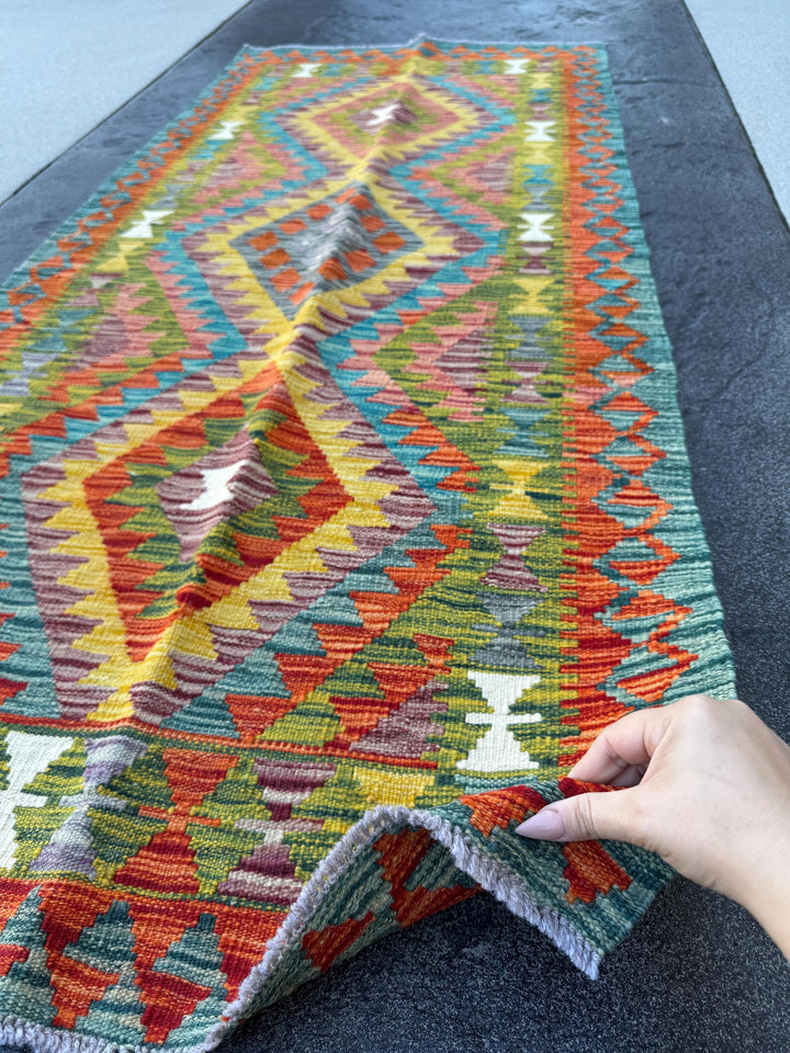 3x7 (100x200) Handmade Afghan Kilim Runner Rug | Olive Moss Green Ivory Yellow Orange Brick Blood Red Grey Grey Teal Maroon | Wool Turkish