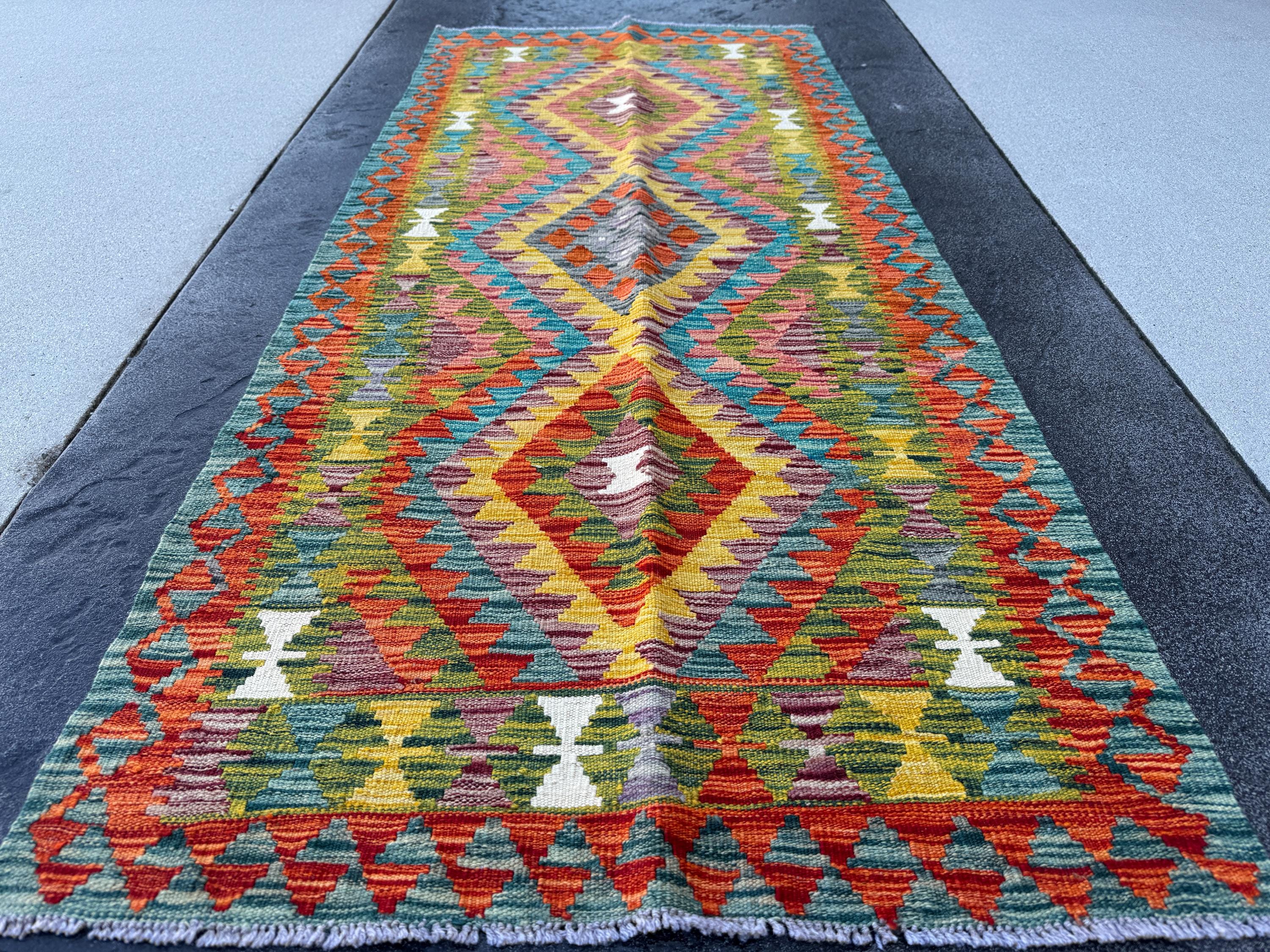 3x7 (100x200) Handmade Afghan Kilim Runner Rug | Olive Moss Green Ivory Yellow Orange Brick Blood Red Grey Grey Teal Maroon | Wool Turkish
