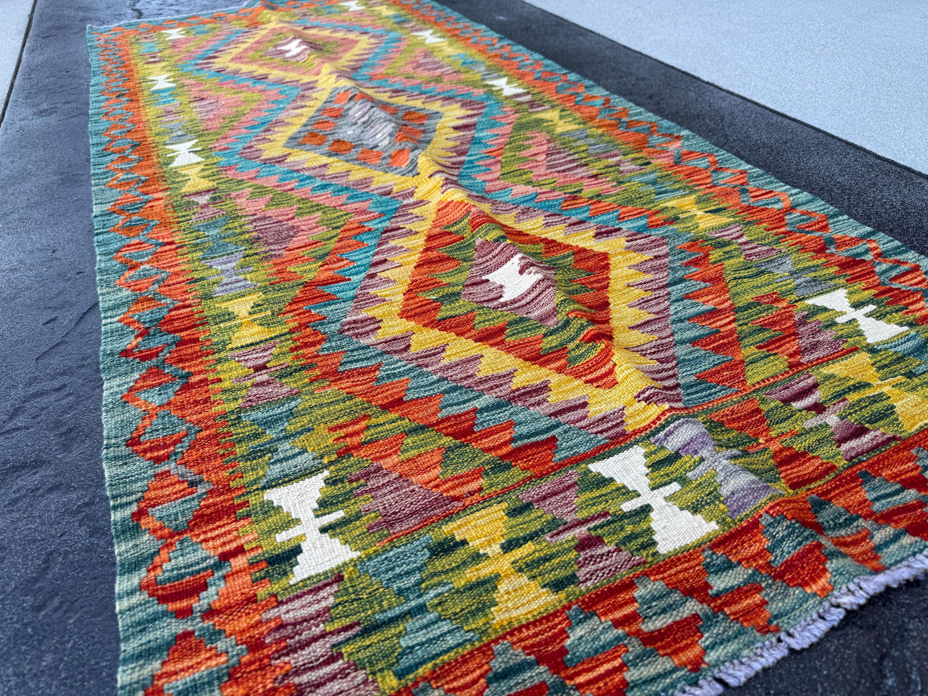 3x7 (100x200) Handmade Afghan Kilim Runner Rug | Olive Moss Green Ivory Yellow Orange Brick Blood Red Grey Grey Teal Maroon | Wool Turkish