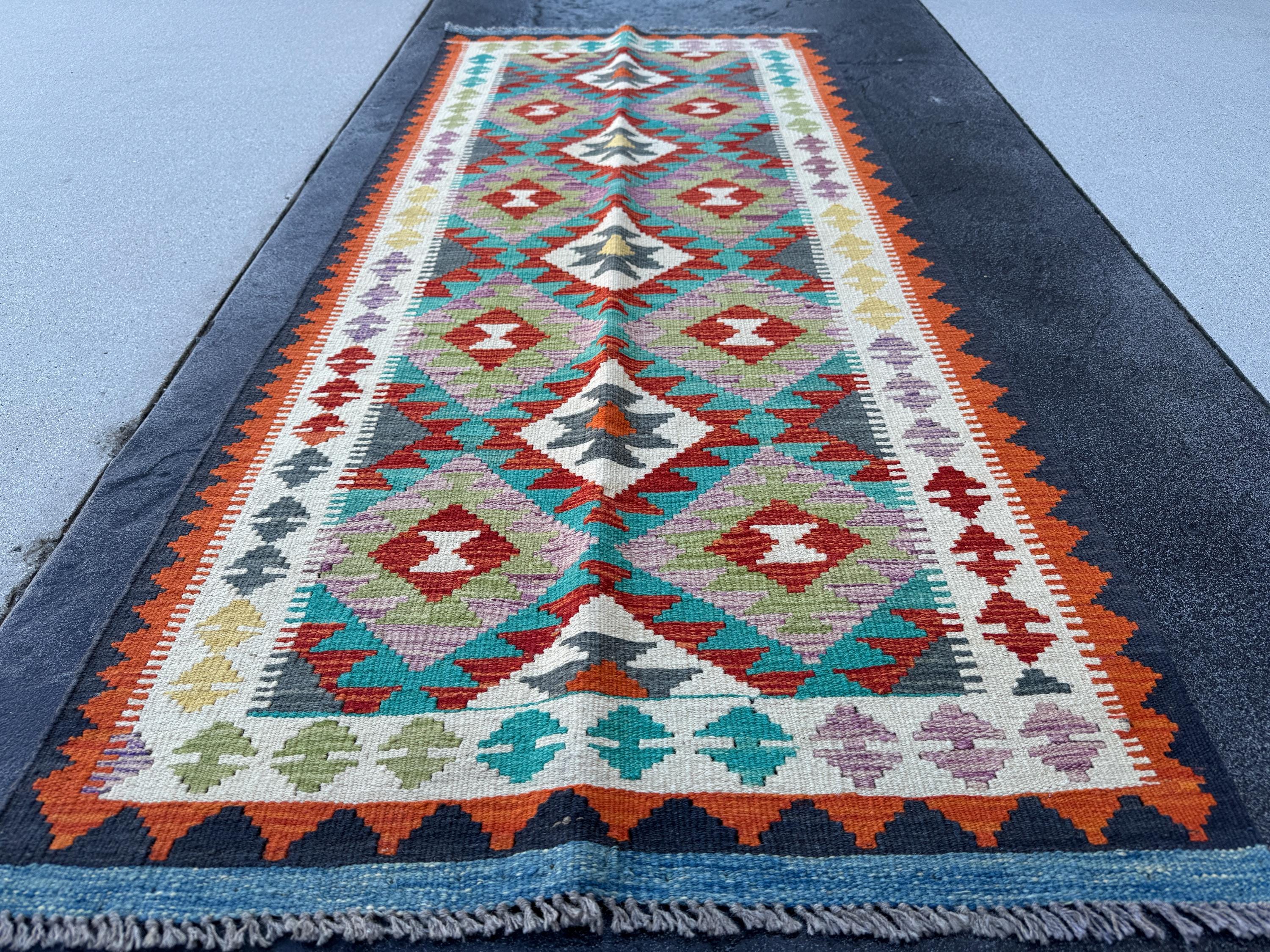 3x7 (100x200) Handmade Afghan Kilim Runner Rug | Cream Orange Brick Blood Red Lilac Purple Brown Teal Olive Green Grey Yellow | Wool Turkish
