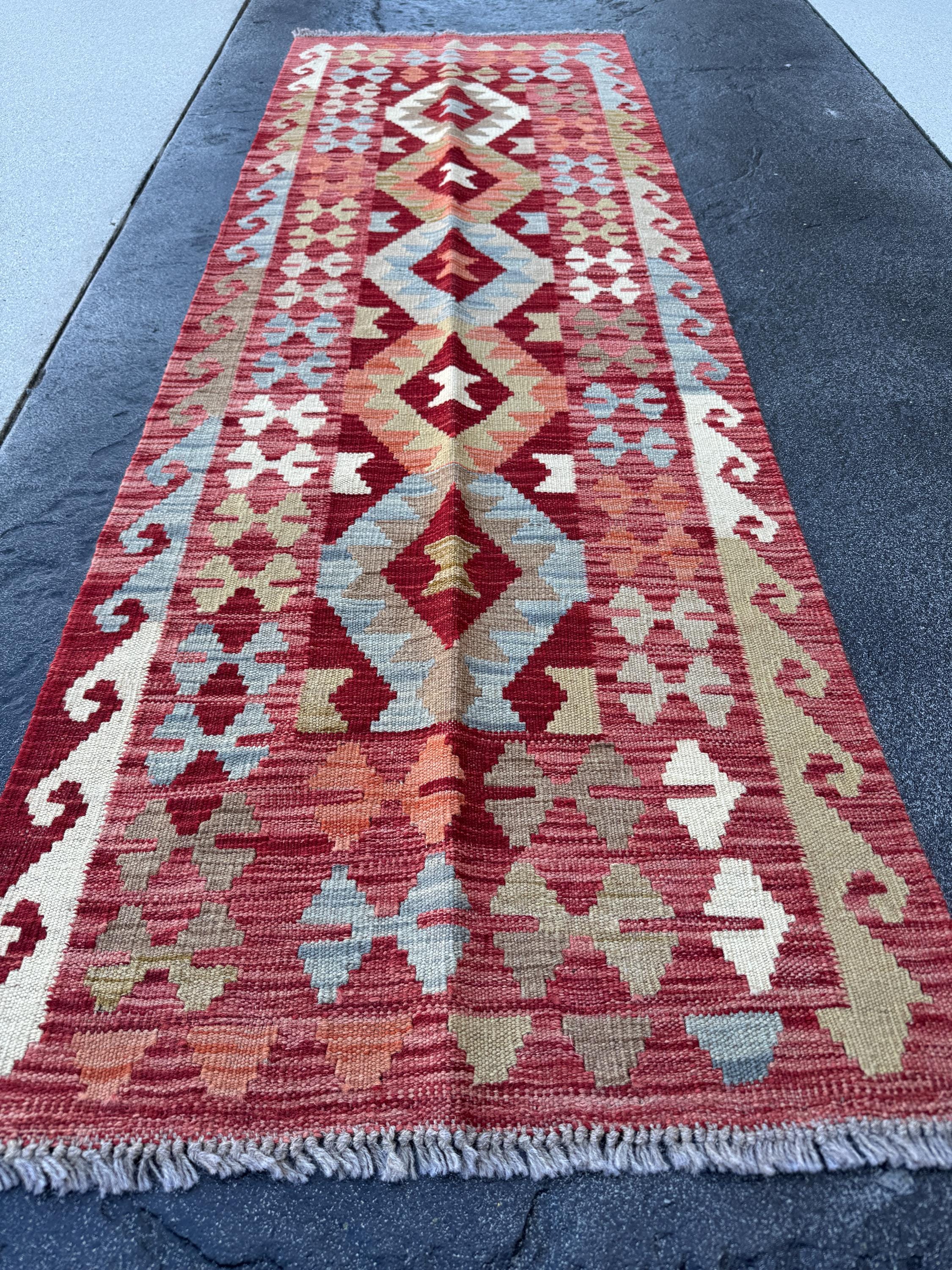 2x7 Handmade Afghan Kilim Runner Rug | Blood Brick Red Ivory Moss Olive Green Denim Blue Grey | Wool Turkish